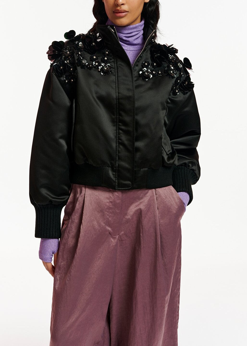 Black satin bomber jacket with sequin embellishments RE—SSENTIEL | Essentiel second hand