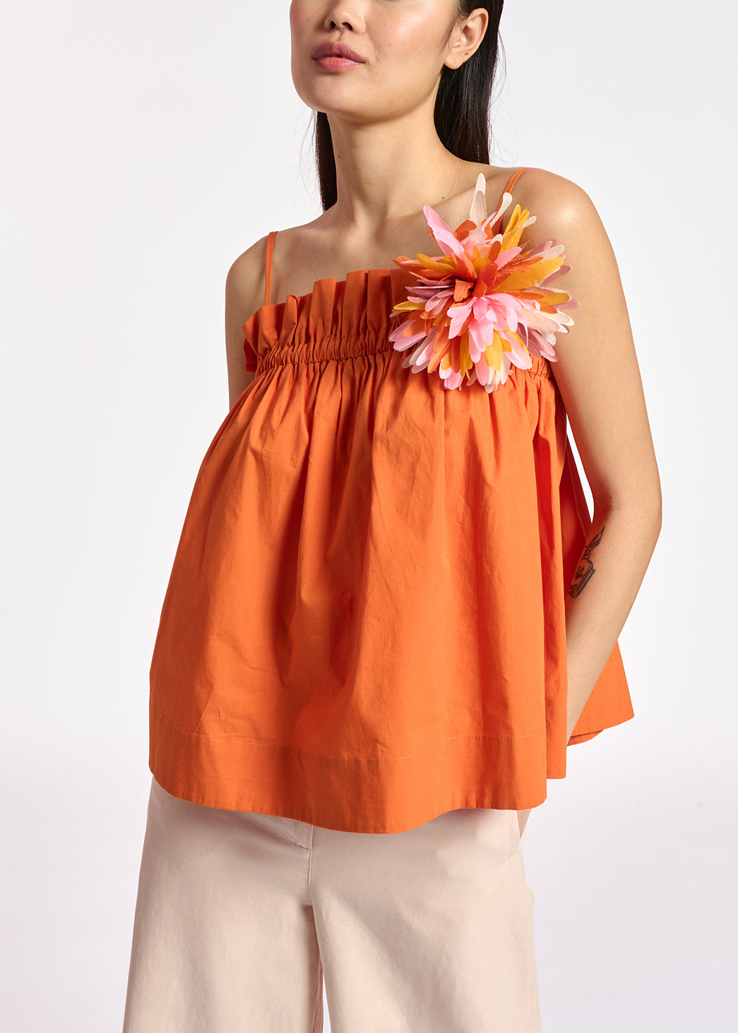 Orange cotton-poplin ruffled camisole RE—SSENTIEL | Essentiel second hand