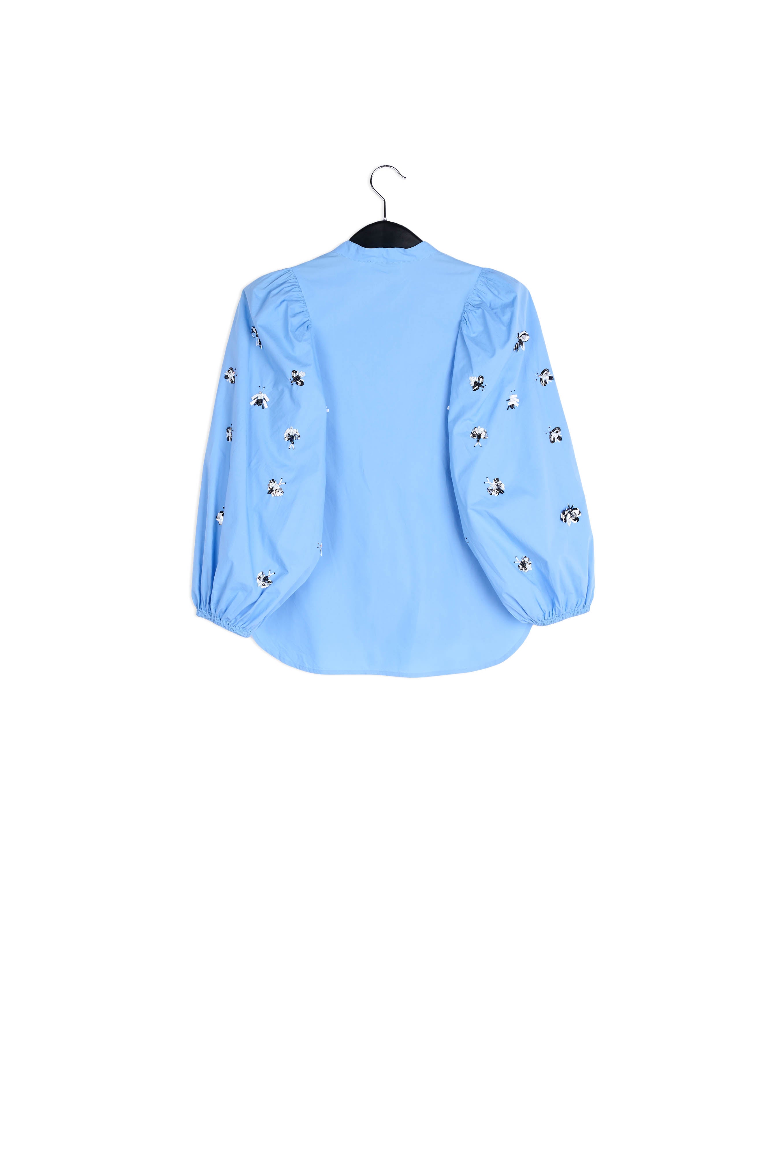 Blue cotton-poplin embroidered puffed-sleeve shirt RE—SSENTIEL | Essentiel second hand