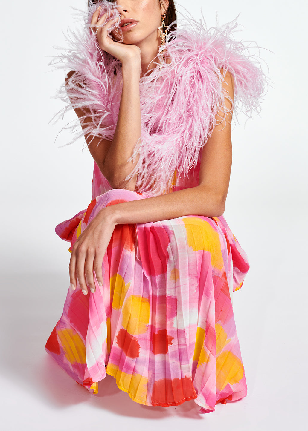 Pink and yellow plissé midi-length dress RE—SSENTIEL | Essentiel second hand