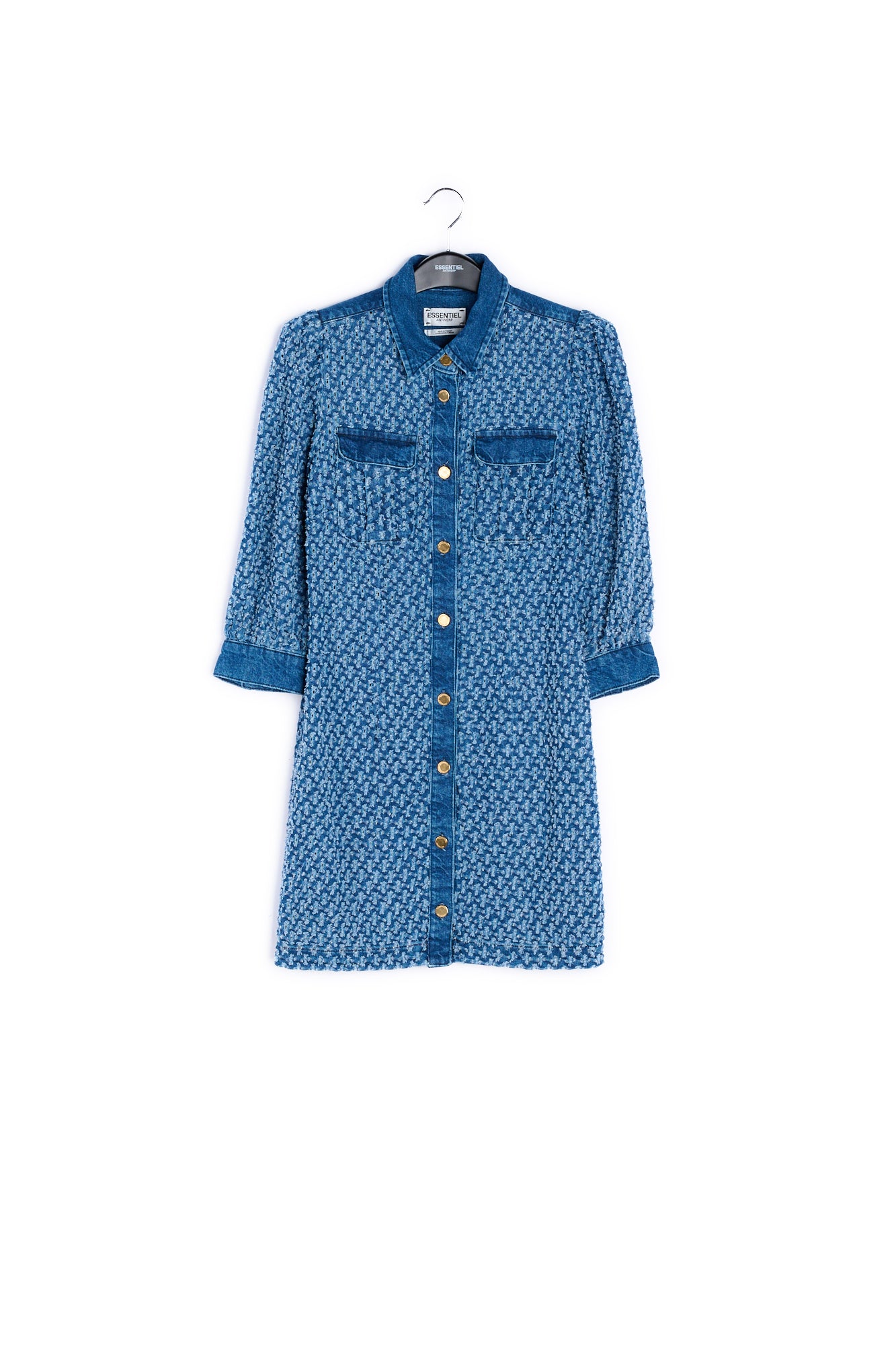 Dark blue perforated denim puffed sleeves mini dress RE—SSENTIEL | Essentiel second hand