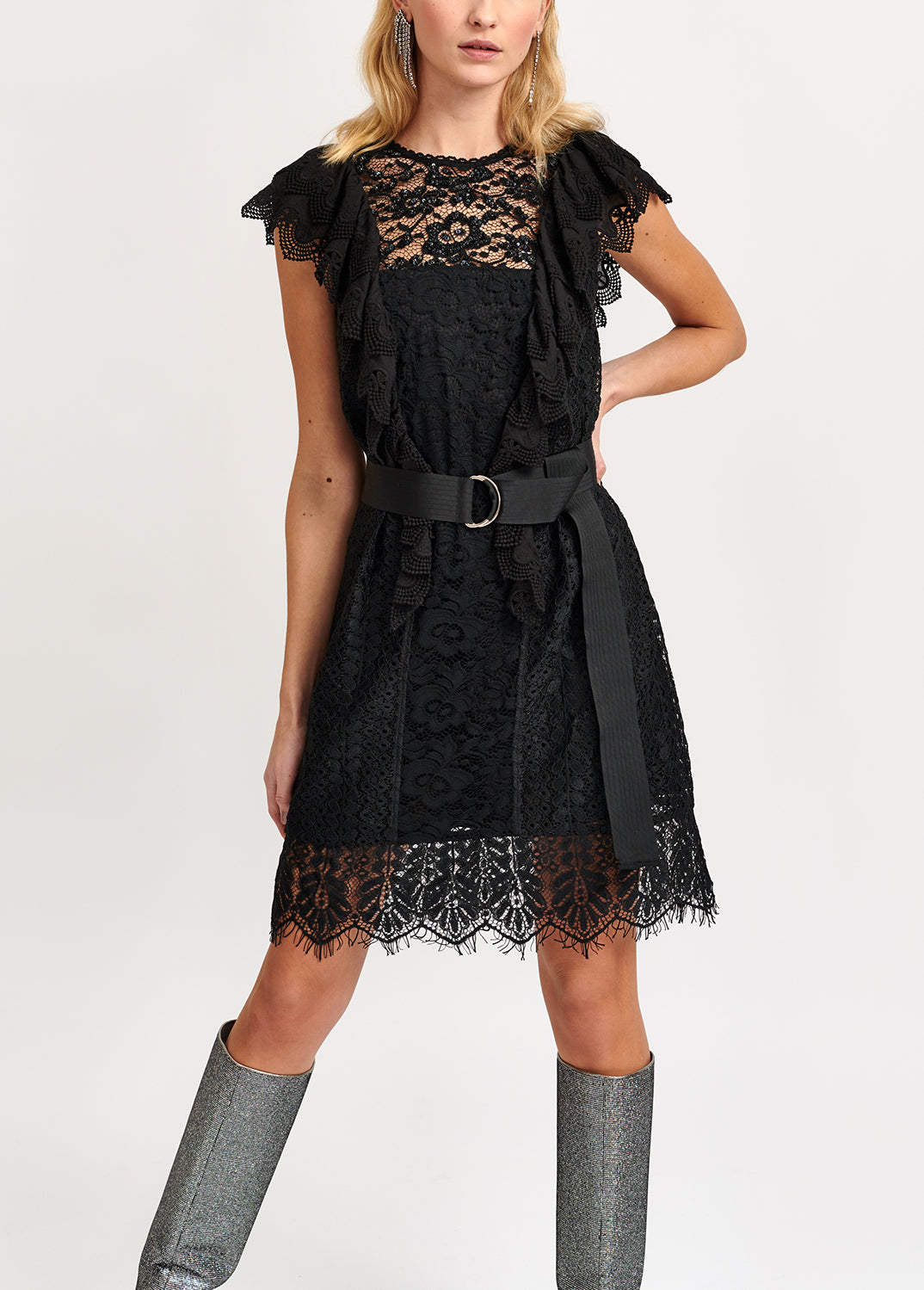 Black ruffled lace belted dress with sequins RE—SSENTIEL | Essentiel second hand