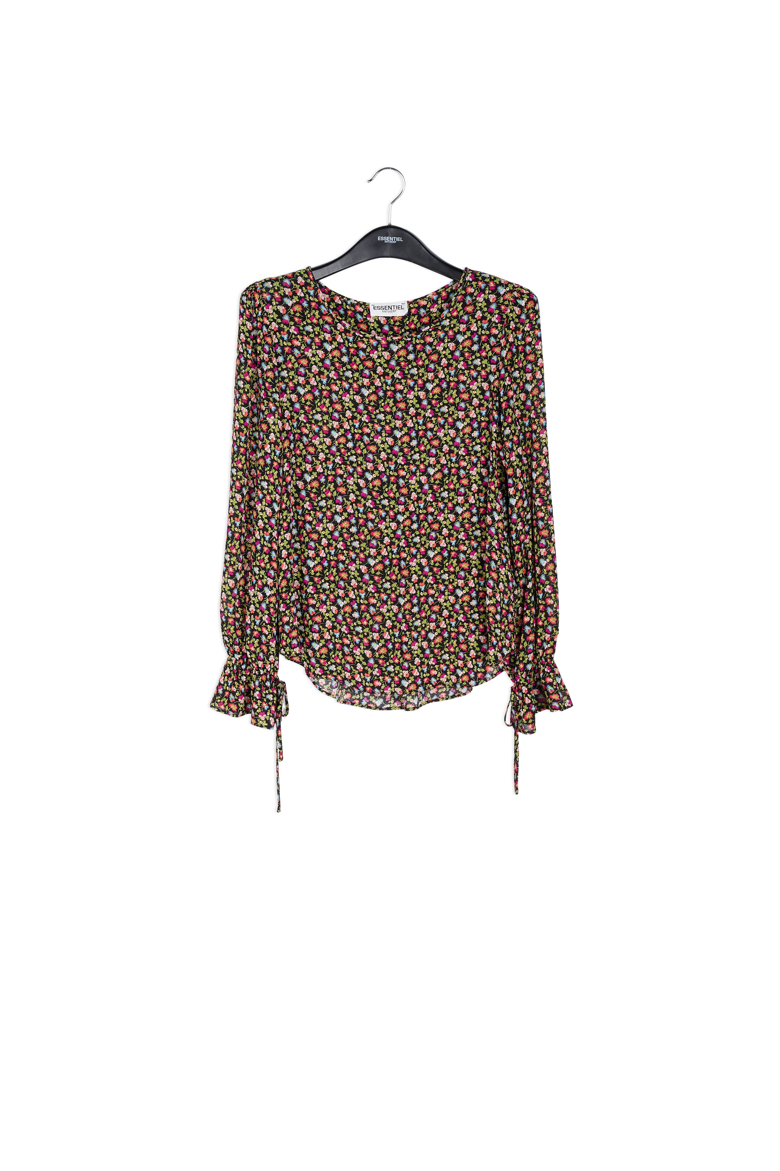 Blouse met zwarte, lichtgroene en fuchsia bloemenprint RE—SSENTIEL | Essentiel second hand