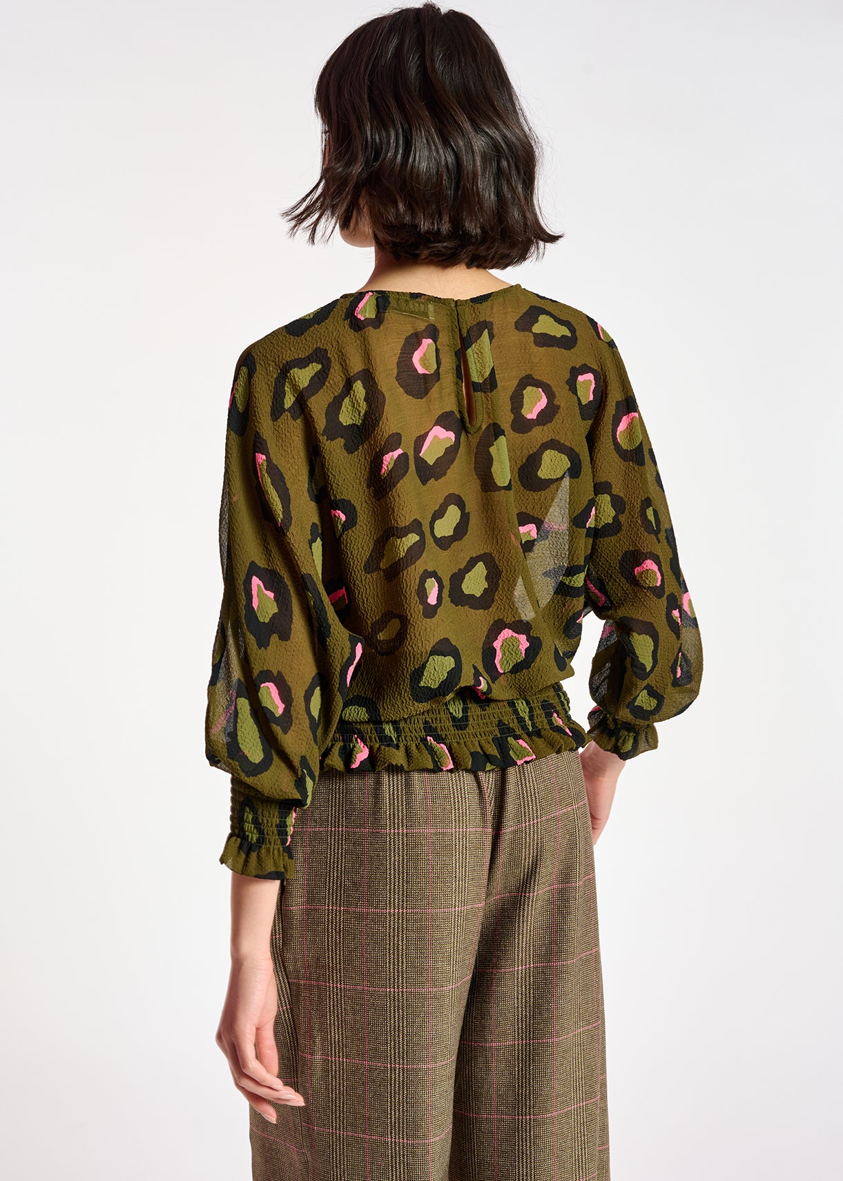 Kaki gesmokte top met luipaardprint RE—SSENTIEL | Essentiel second hand