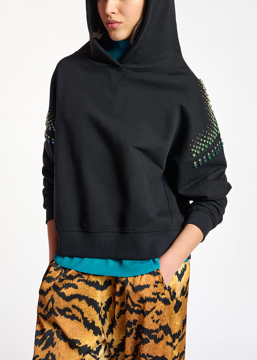 Black hoodie with colorful rhinestone embellishments RE—SSENTIEL | Essentiel second hand
