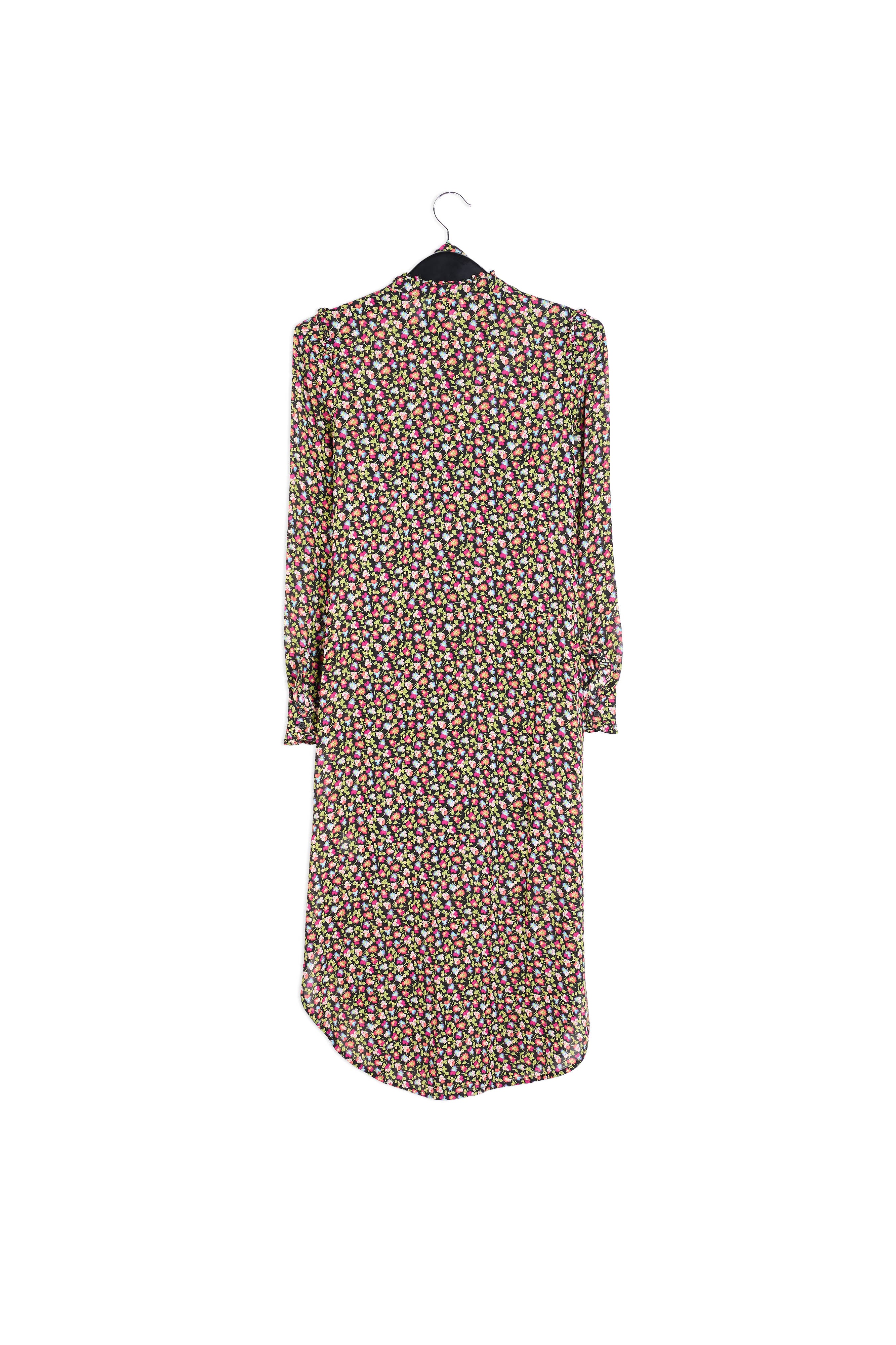 Hemdjurk met ruches en zwarte, lichtgroene en fuchsia bloemenprint RE—SSENTIEL | Essentiel second hand