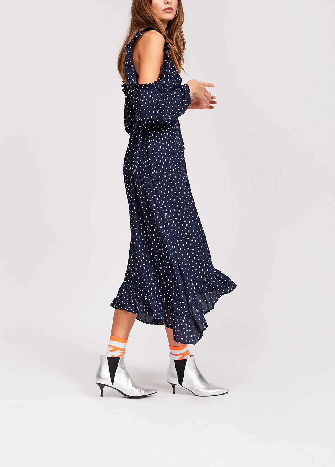Dark blue open shoulder midi dress with silver polka dots RE—SSENTIEL | Essentiel second hand