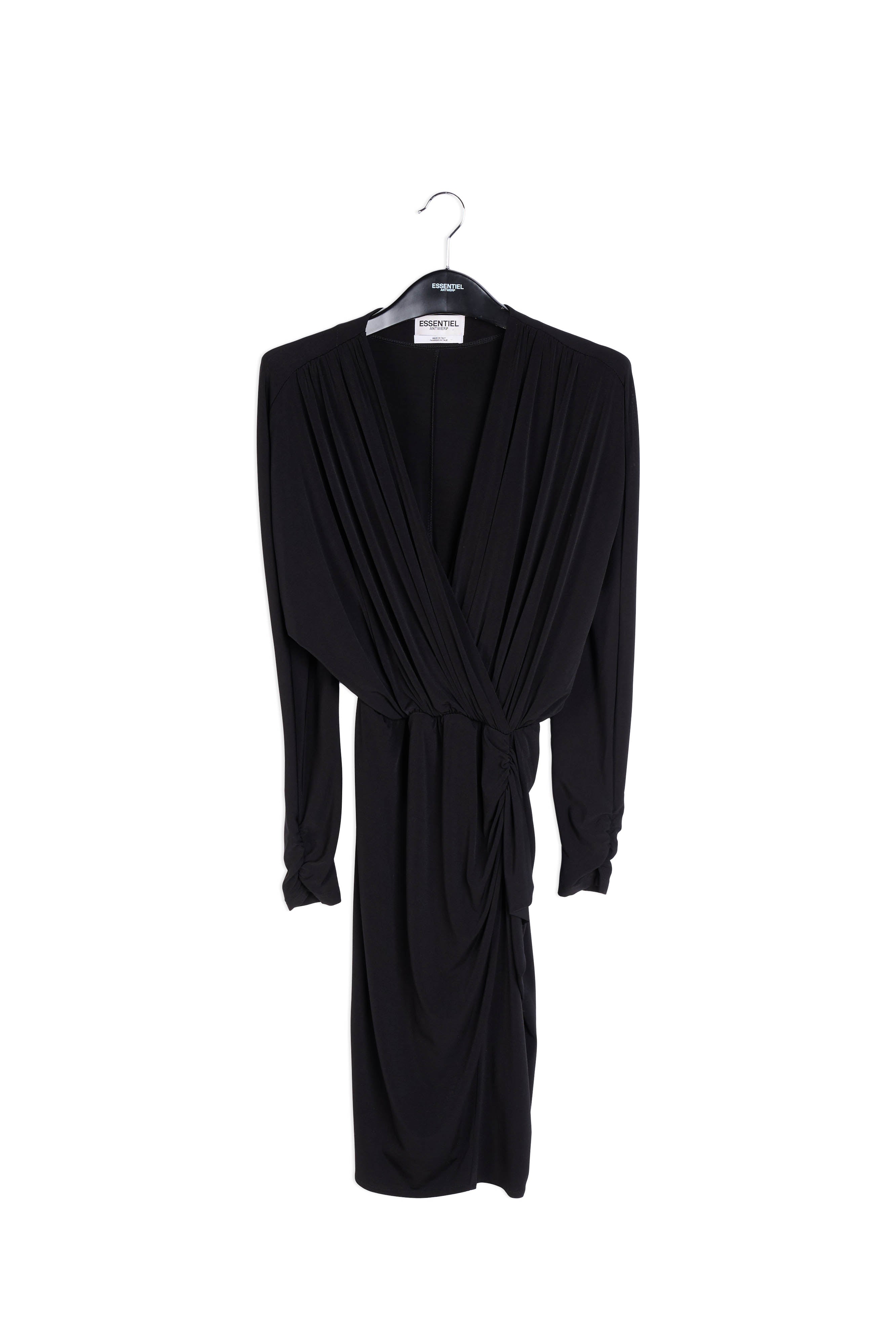 Zwarte aansluitende wikkeljurk met gedrapeerd detail RE—SSENTIEL | Essentiel second hand