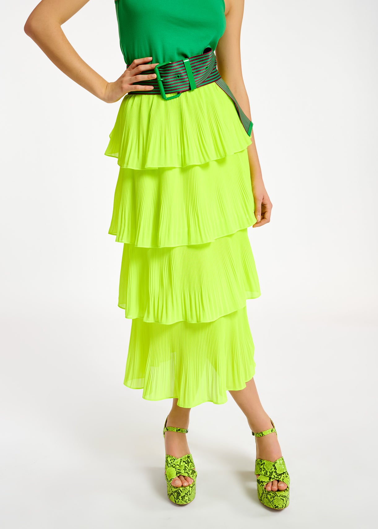 Neon yellow ruffled plissé midi-length skirt RE—SSENTIEL | Essentiel second hand
