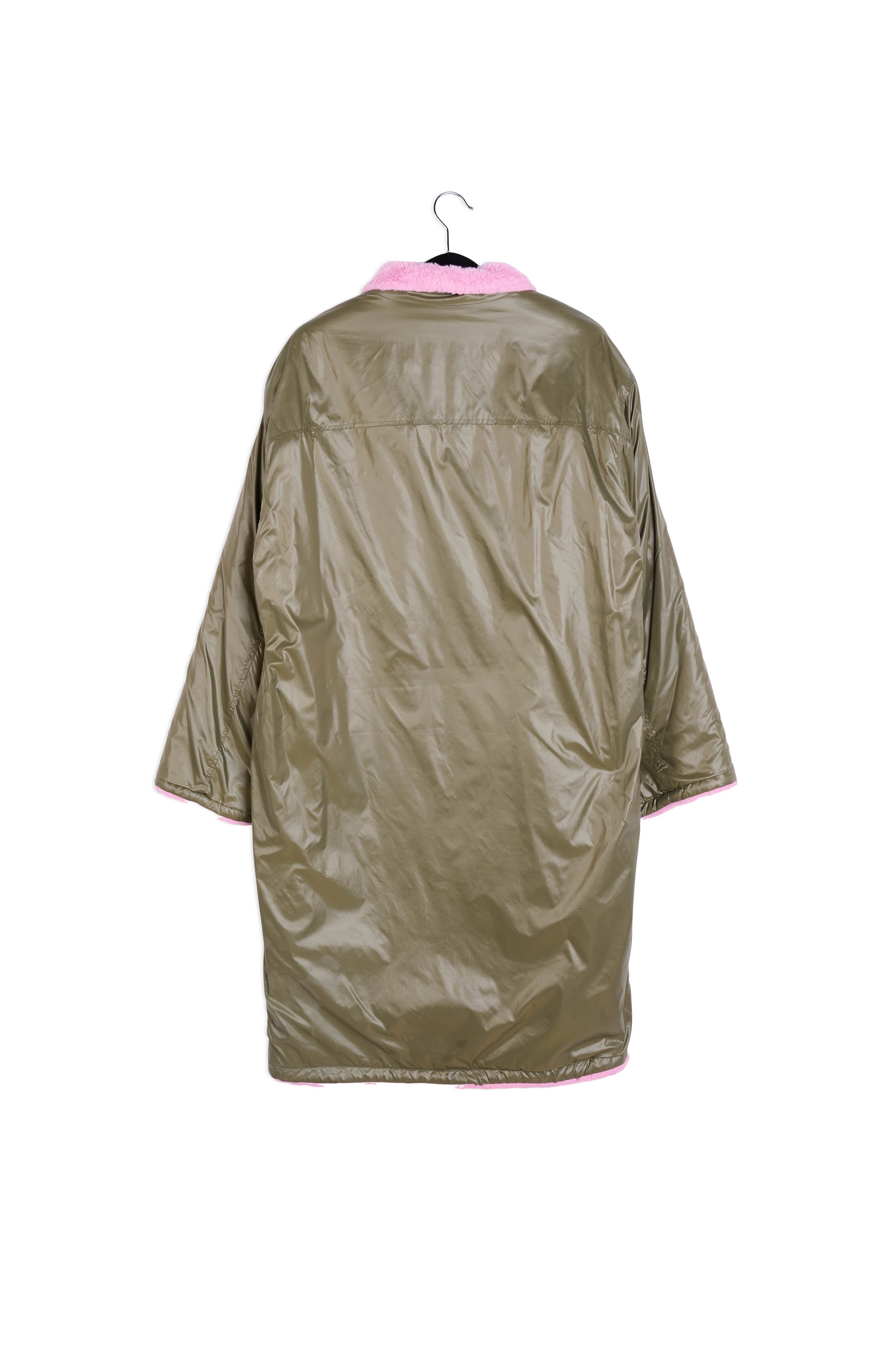 Khaki green and pink reversible faux fur coat RE—SSENTIEL | Essentiel second hand