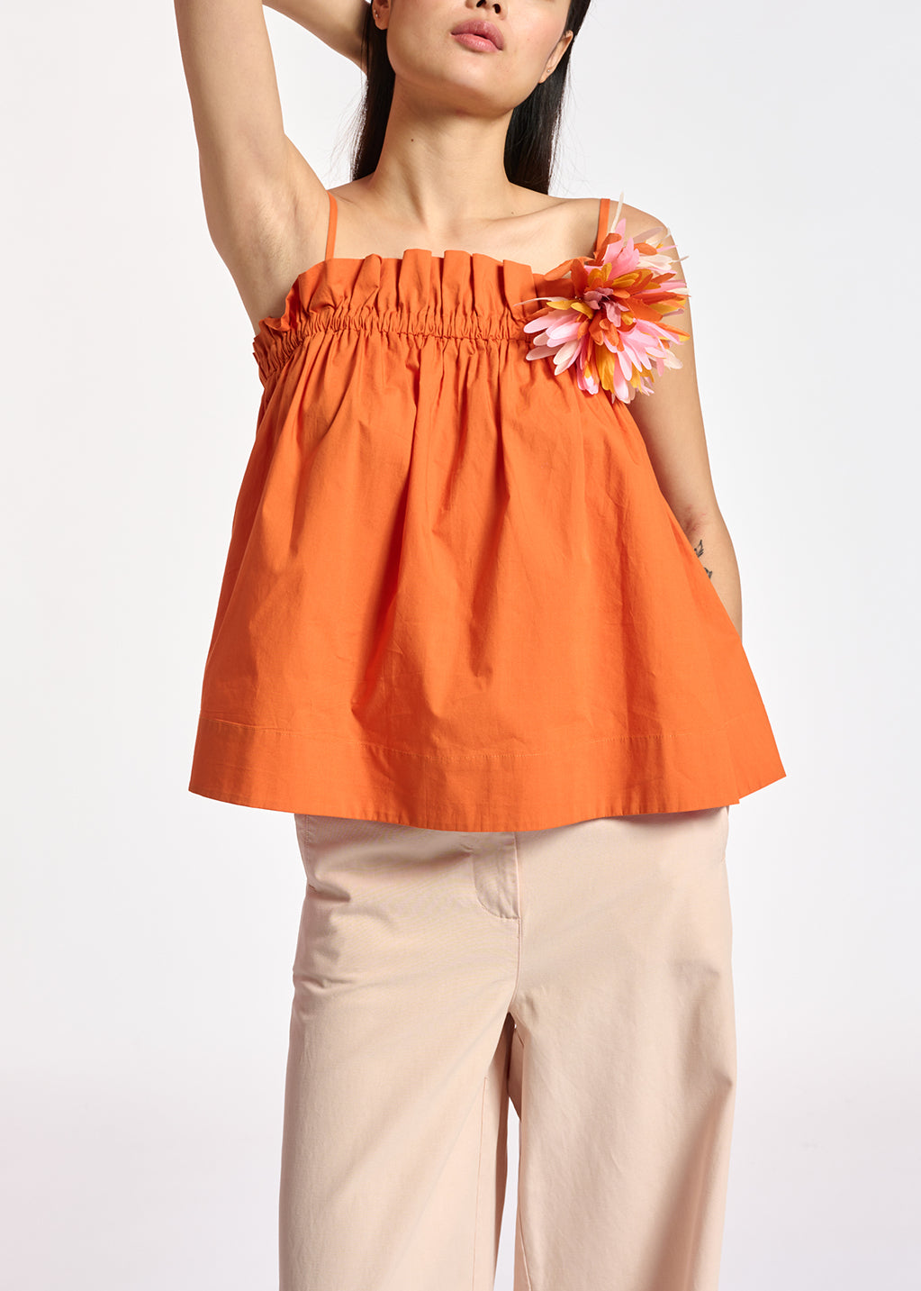 Orange cotton-poplin ruffled camisole RE—SSENTIEL | Essentiel second hand