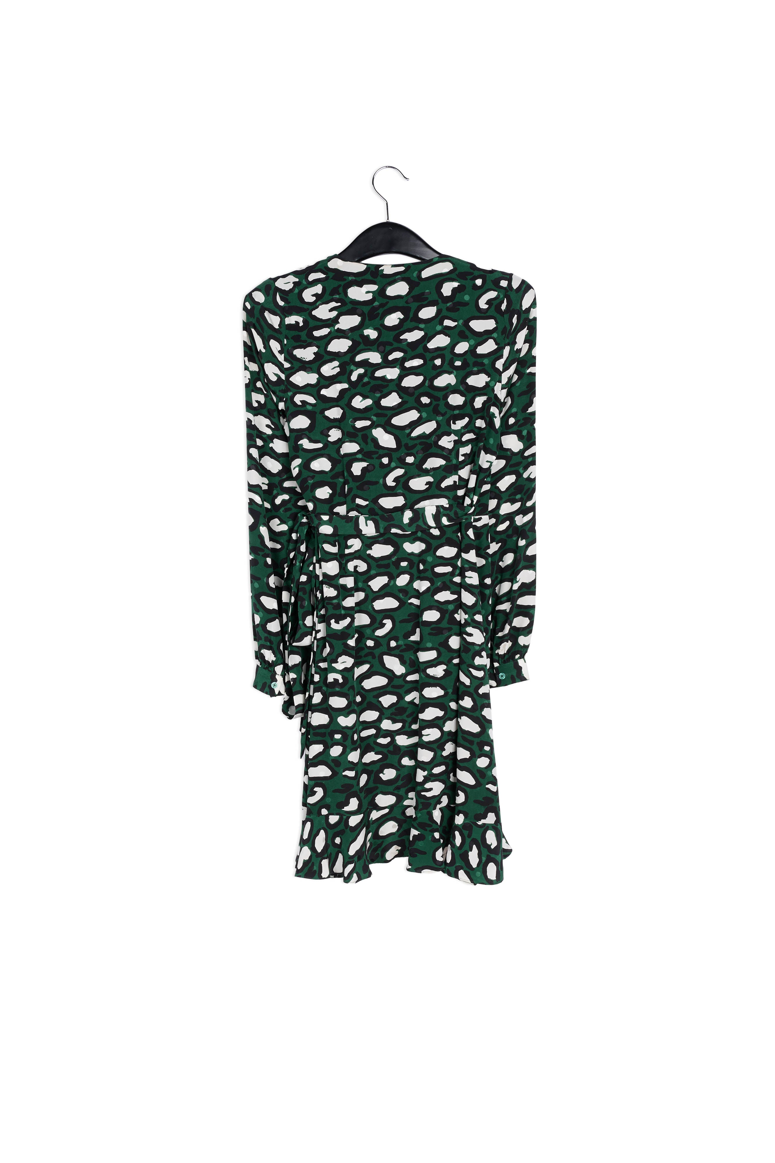 Kakigroene zijden wikkeljurk met luipaardprint RE—SSENTIEL | Essentiel second hand