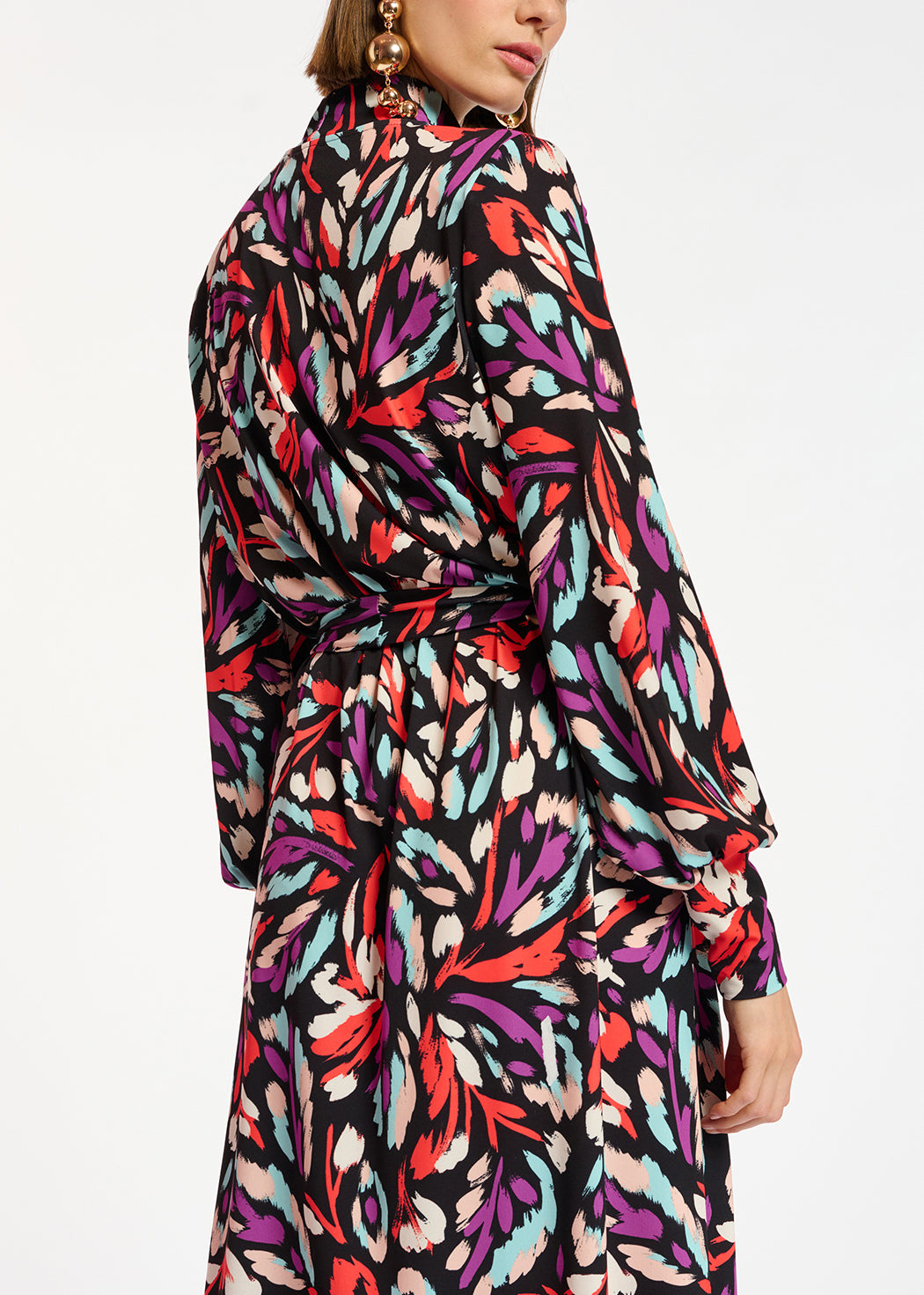 Midi-jurk in zwart, geel en lila stretch jersey RE—SSENTIEL | Essentiel second hand