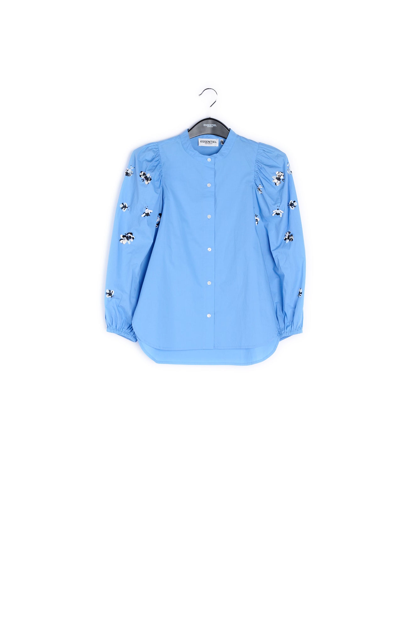 Blue cotton-poplin embroidered puffed-sleeve shirt RE—SSENTIEL | Essentiel second hand