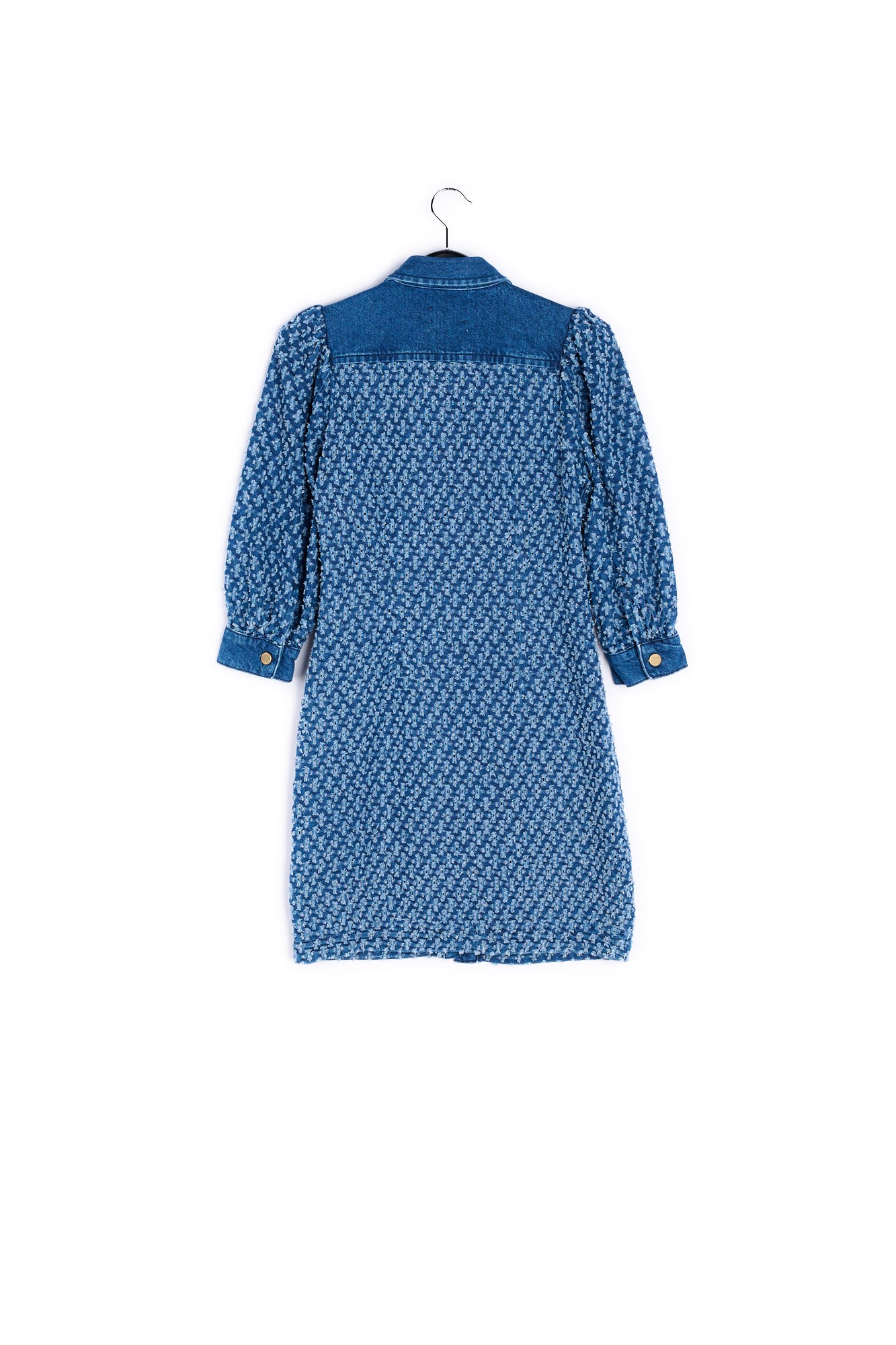Dark blue perforated denim puffed sleeves mini dress RE—SSENTIEL | Essentiel second hand