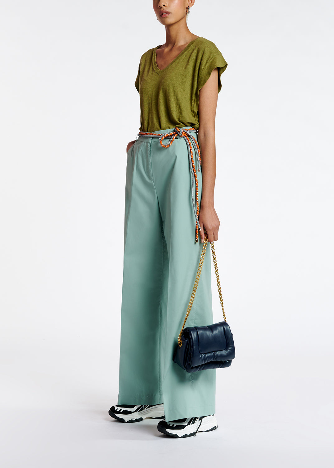 Khaki green linen V-neck T-shirt RE—SSENTIEL | Essentiel second hand