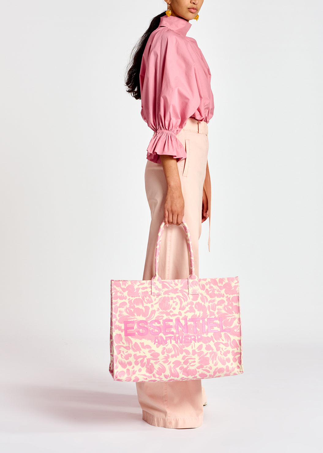 Light pink voluminous cotton top with high collar RE—SSENTIEL | Essentiel second hand