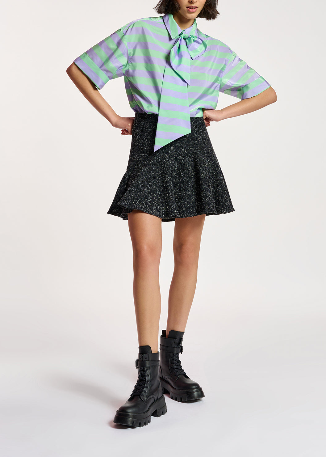 Lilac and mint green striped shirt with pussy bow RE—SSENTIEL | Essentiel second hand