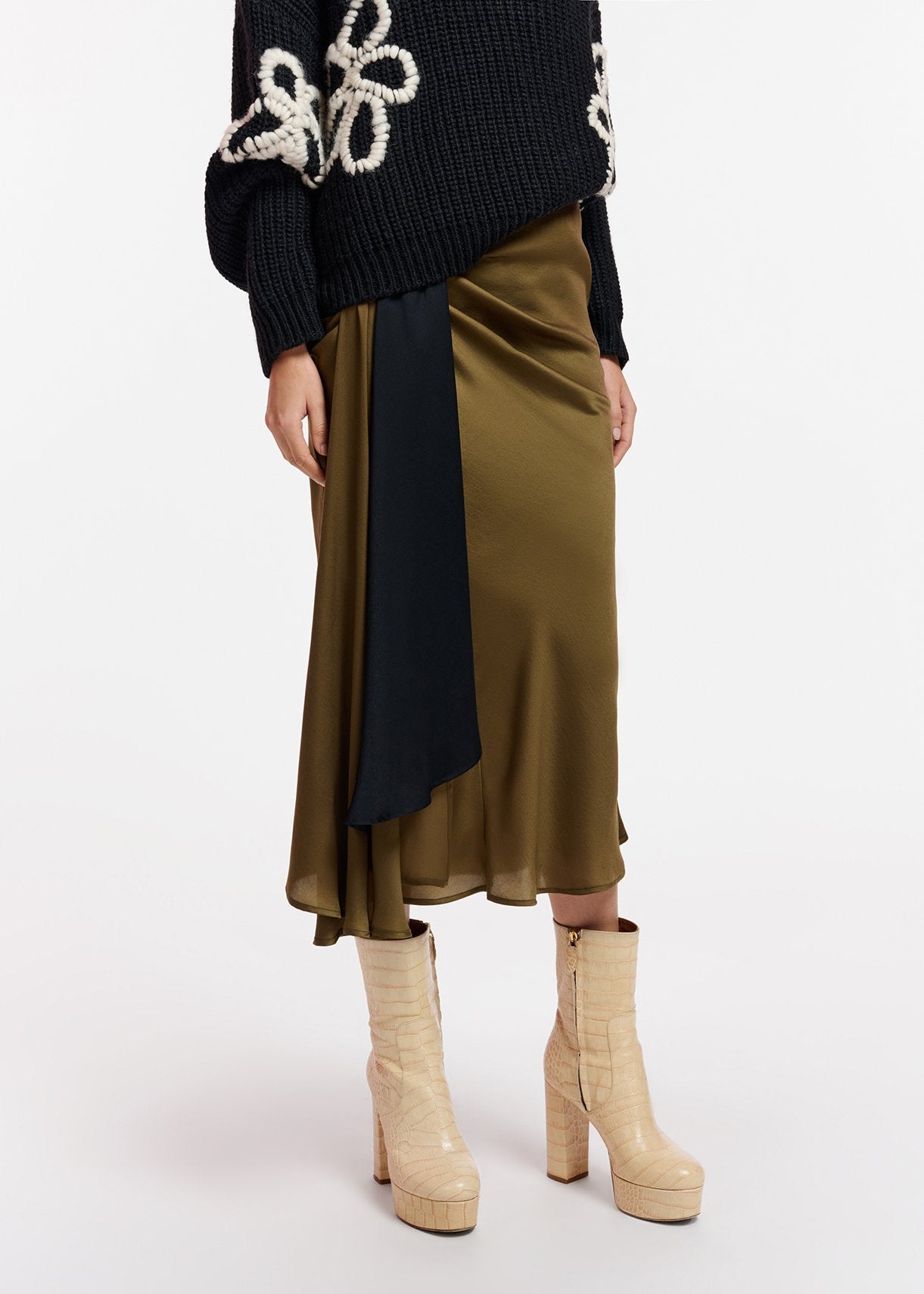 Khaki and black draped midi skirt RE—SSENTIEL | Essentiel second hand