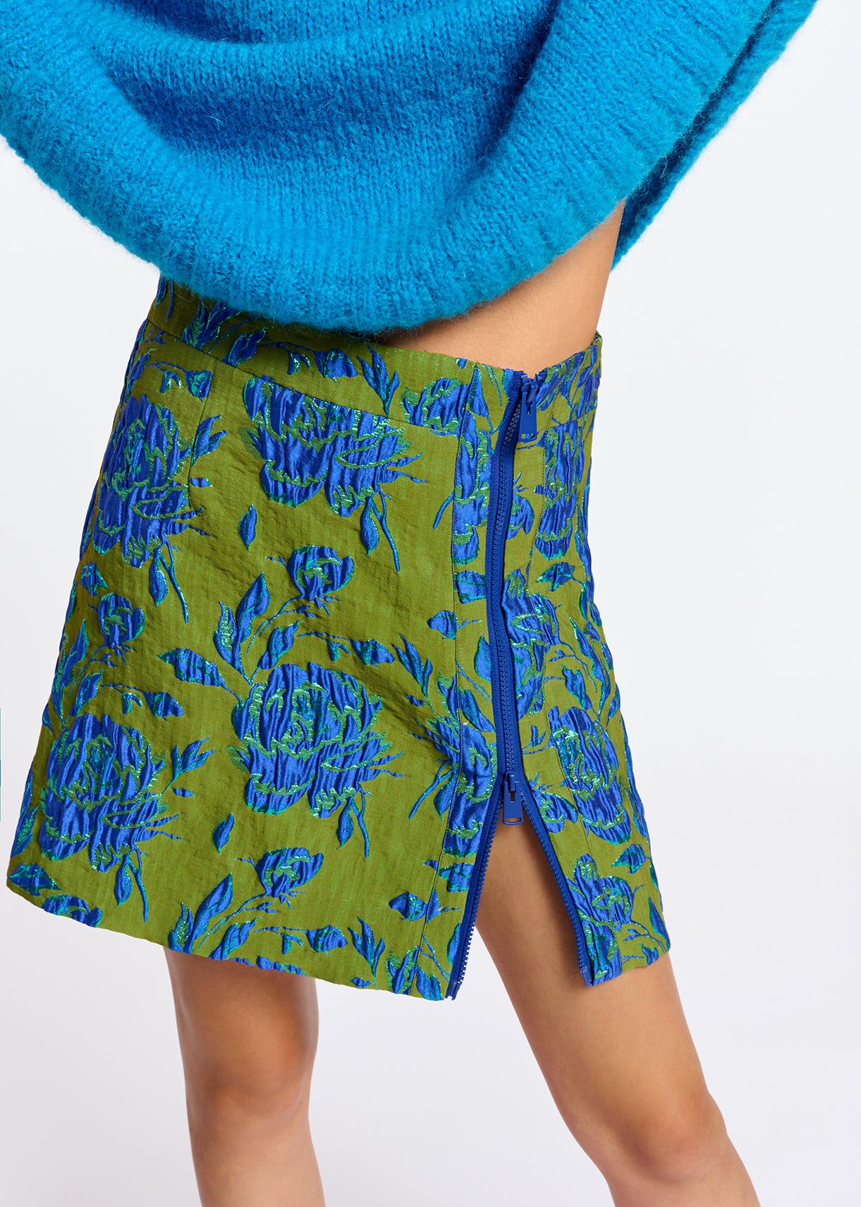 Dark green and blue floral-jacquard mini skirt RE—SSENTIEL | Essentiel second hand