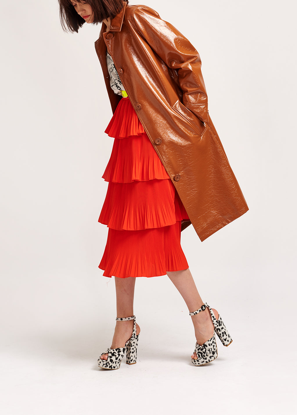 Brown faux patent-leather trench coat RE—SSENTIEL | Essentiel second hand