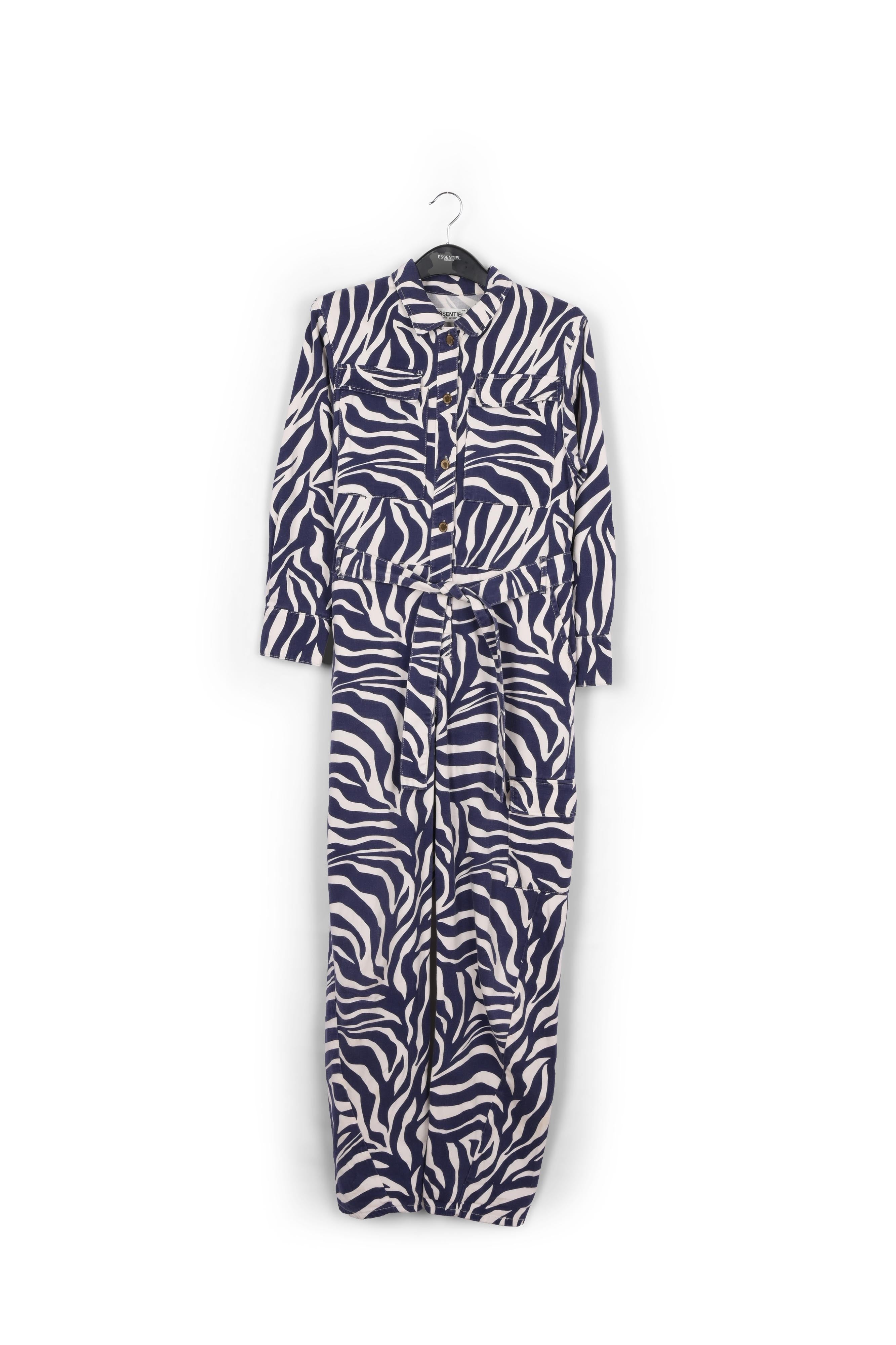 Off-white and navy blue zebra-print denim jumpsuit RE—SSENTIEL | Essentiel second hand