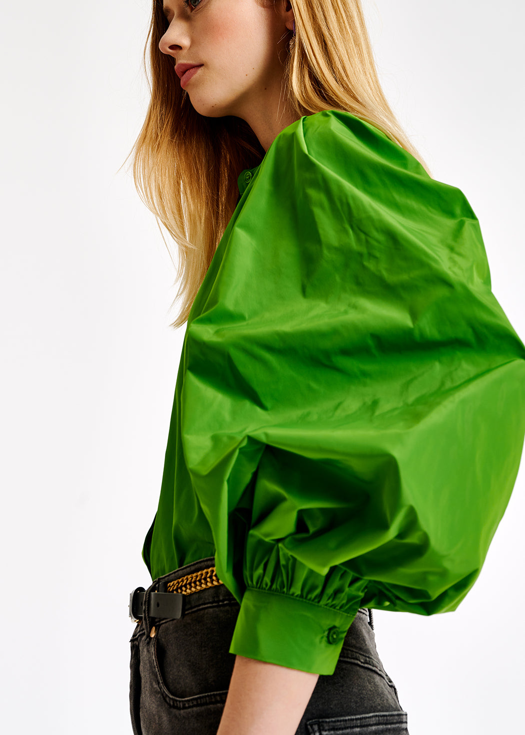 Green puffed-sleeve top RE—SSENTIEL | Essentiel second hand