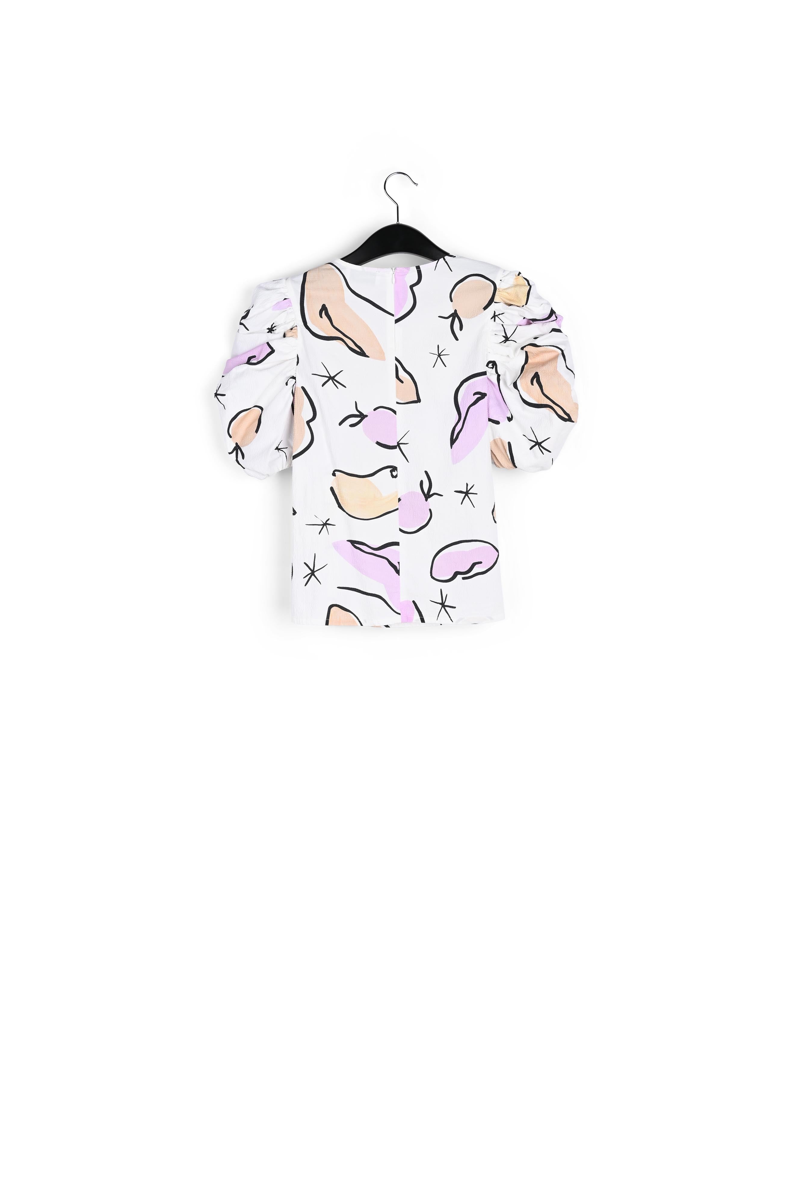 Witte top met pofmouwen en abstracte print RE—SSENTIEL | Essentiel second hand
