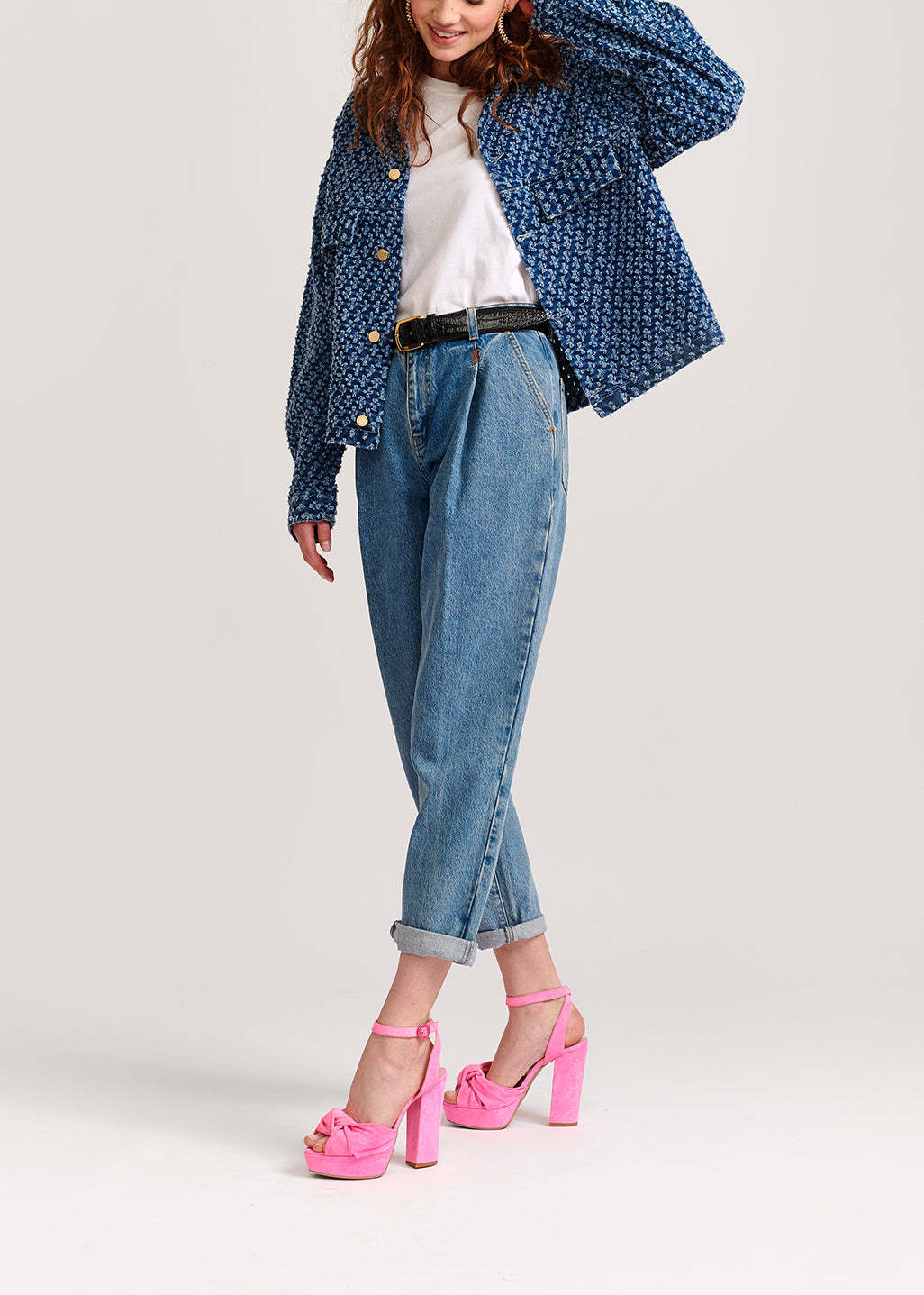 Dark blue perforated oversized denim jacket RE—SSENTIEL | Essentiel second hand