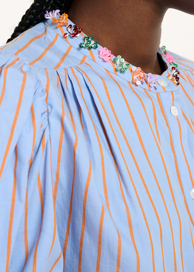 Light blue and orange striped cotton shirt with bead embellishments RE—SSENTIEL | Essentiel second hand