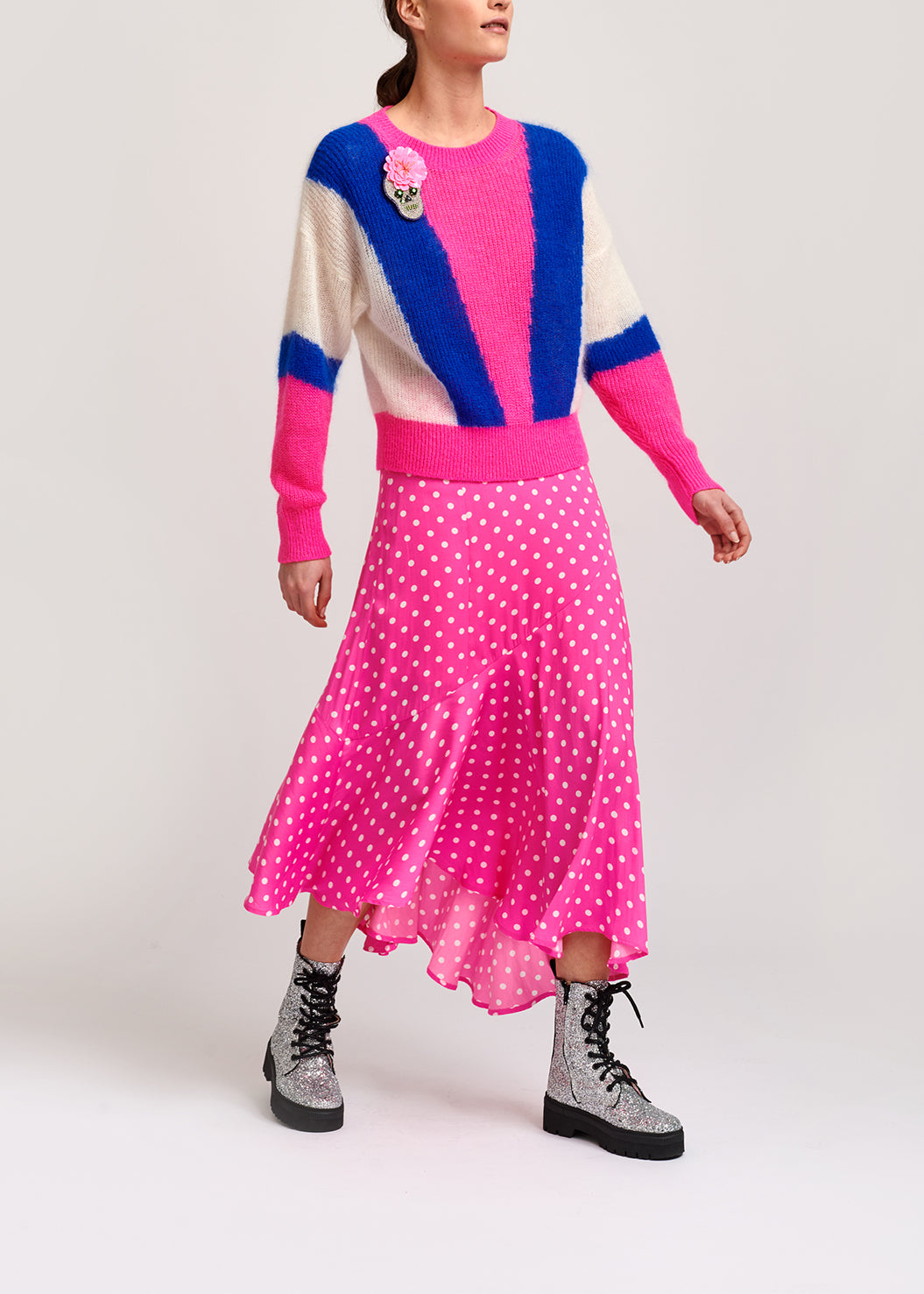 Neon pink polka dot midi skirt RE—SSENTIEL | Essentiel second hand