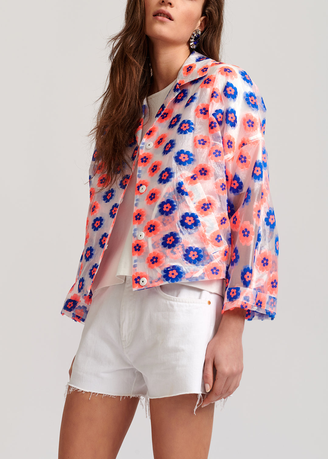 Neon pink and blue floral-print see-through jacket RE—SSENTIEL | Essentiel second hand