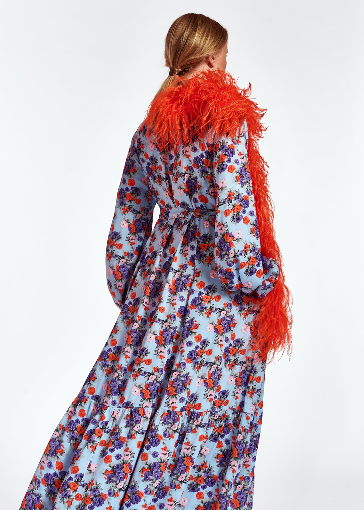 Light blue long-sleeved floral maxi dress RE—SSENTIEL | Essentiel second hand