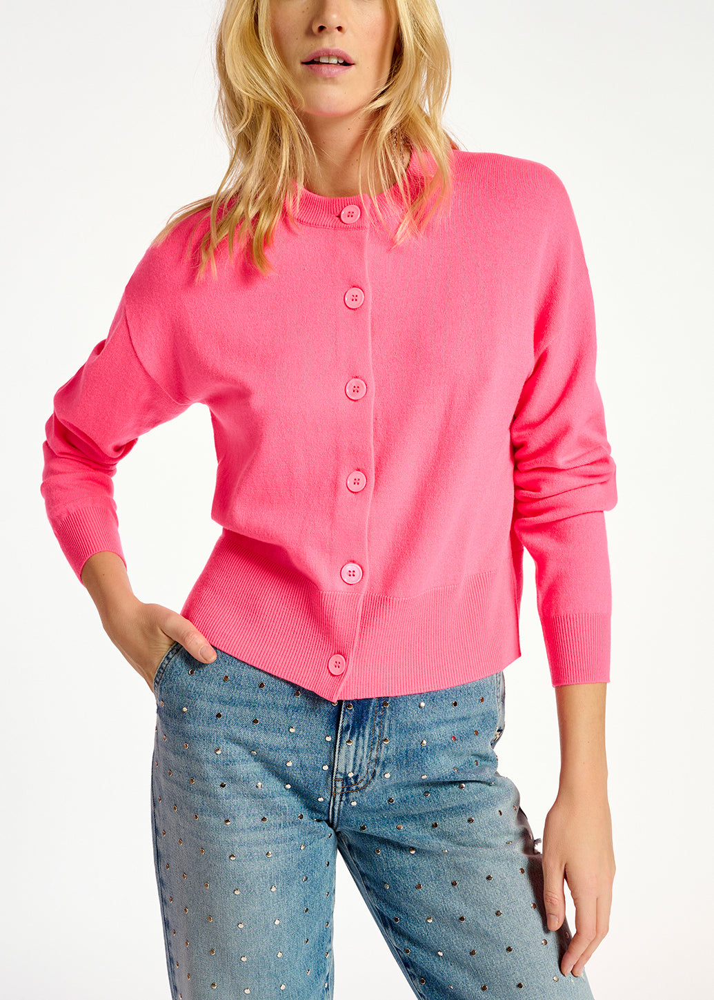 Neon pink fine-knit cardigan RE—SSENTIEL | Essentiel second hand