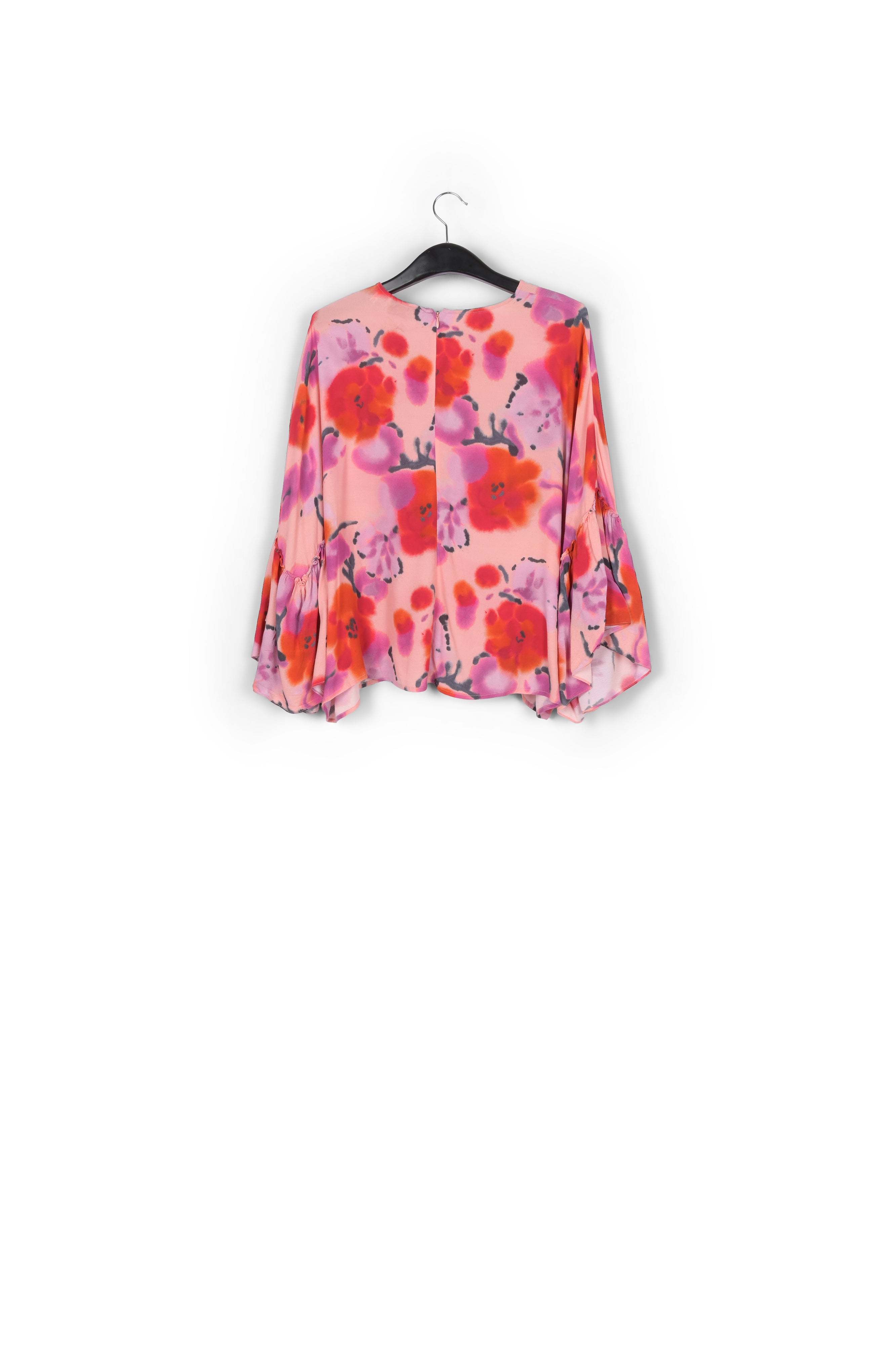 Light pink, red and purple floral printed top with ruffled sleeves RE—SSENTIEL | Essentiel second hand