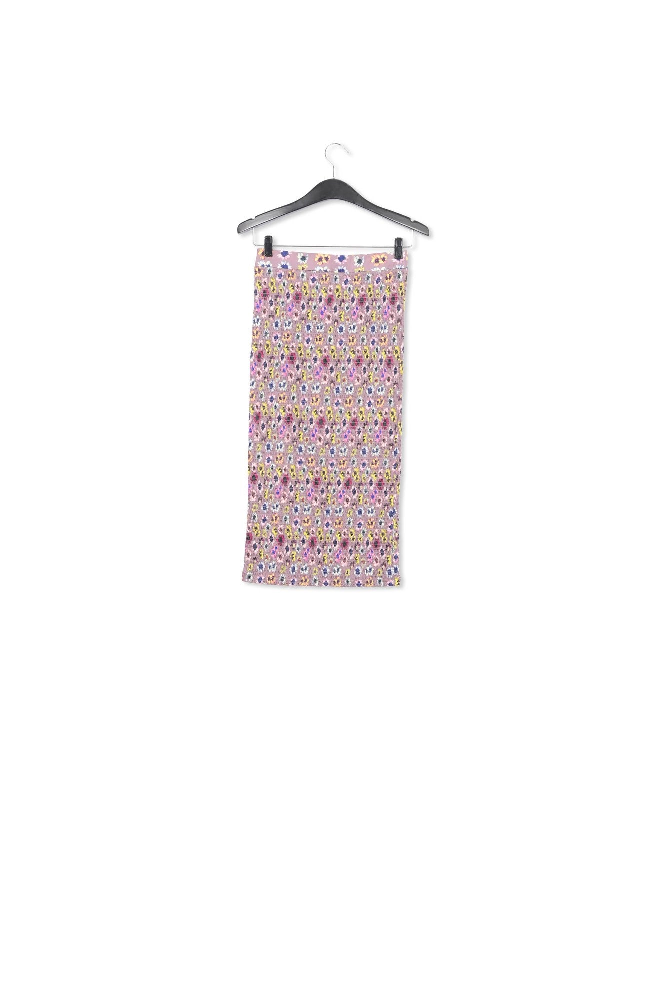 Mauve smocked midi skirt with multicolor floral print RE—SSENTIEL | Essentiel second hand