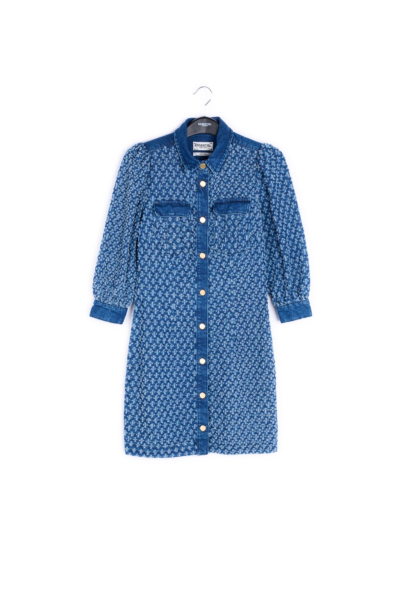 Dark blue perforated denim puffed sleeves mini dress RE—SSENTIEL | Essentiel second hand