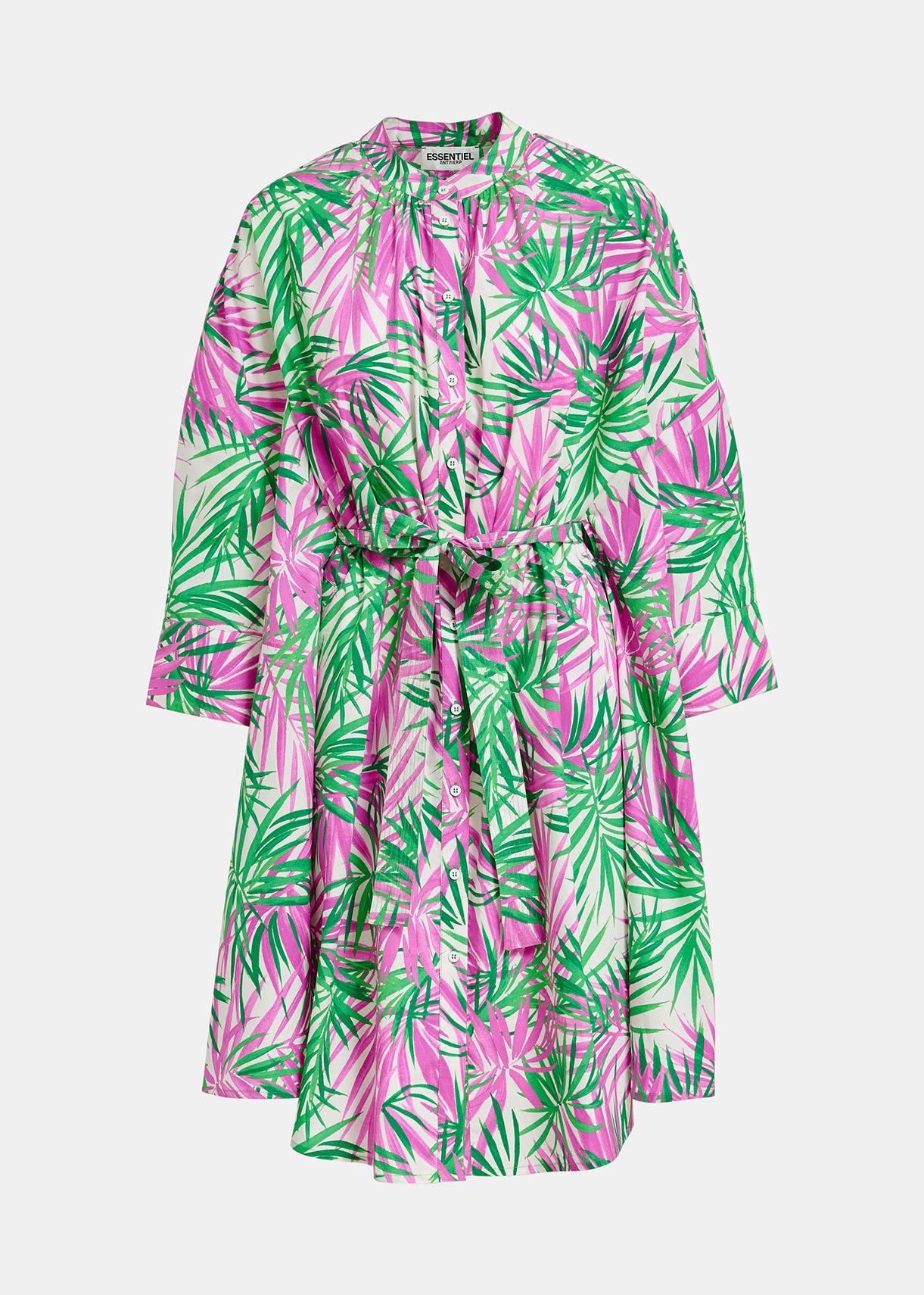 White, purple and green oversized shirt dress with palm leaf print RE—SSENTIEL | Essentiel second hand