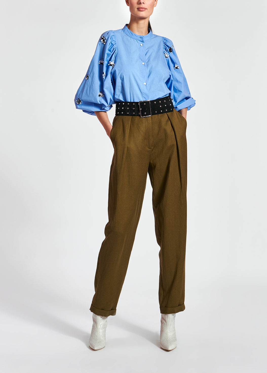 Blue cotton-poplin embroidered puffed-sleeve shirt RE—SSENTIEL | Essentiel second hand