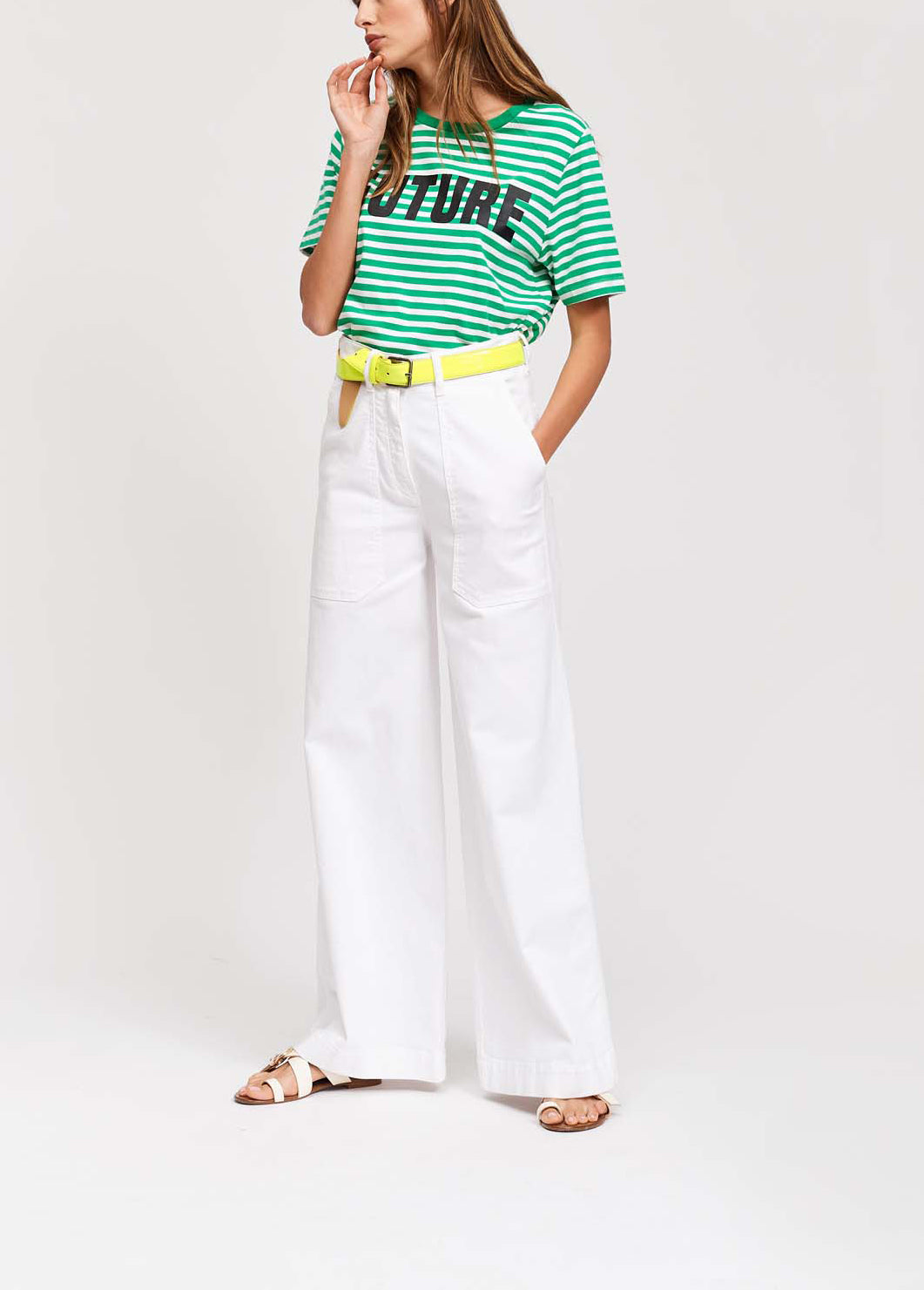 Green and white striped t-shirt with future print RE—SSENTIEL | Essentiel second hand