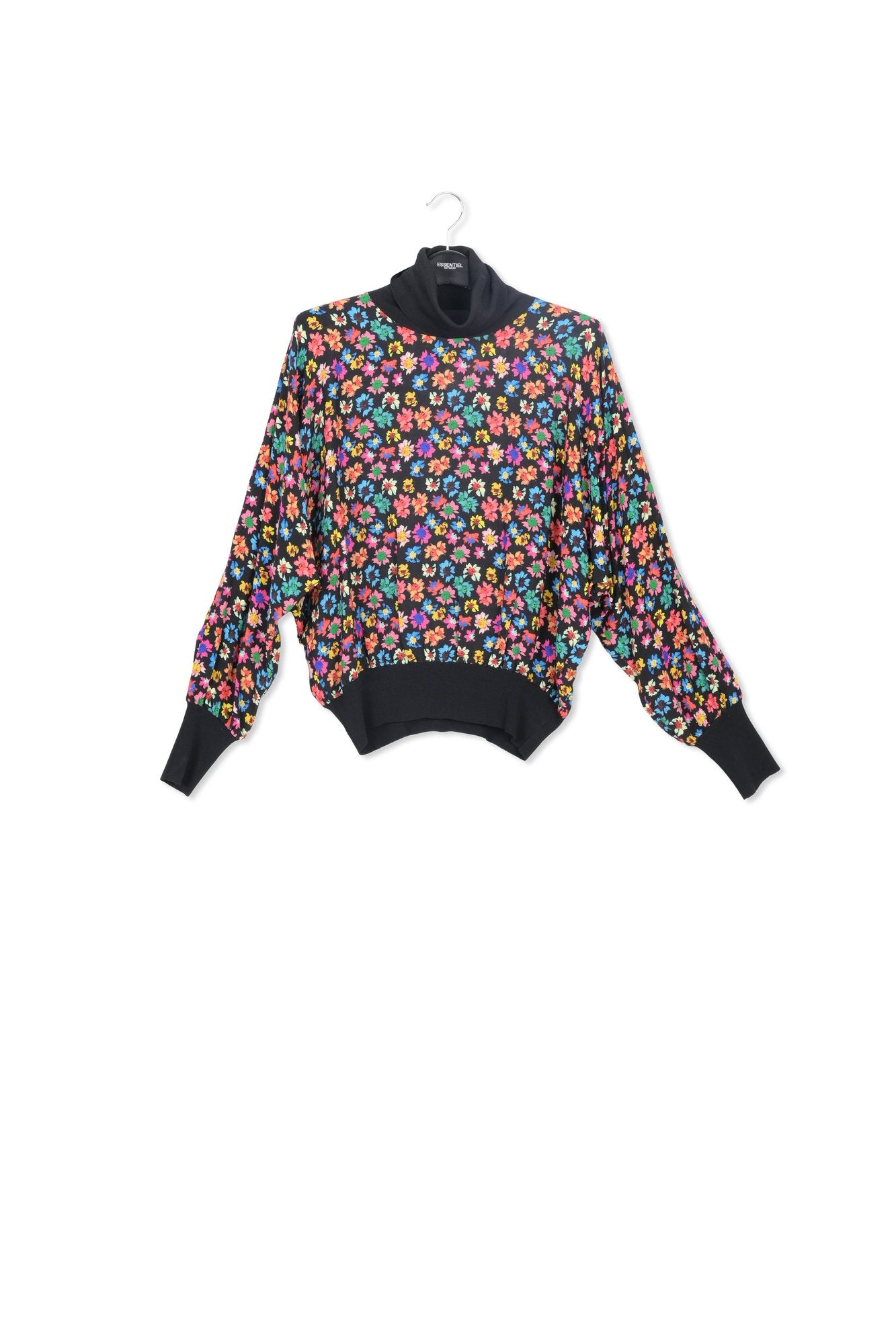 Zwarte bloementop met ribgebreide boorden RE—SSENTIEL | Essentiel second hand