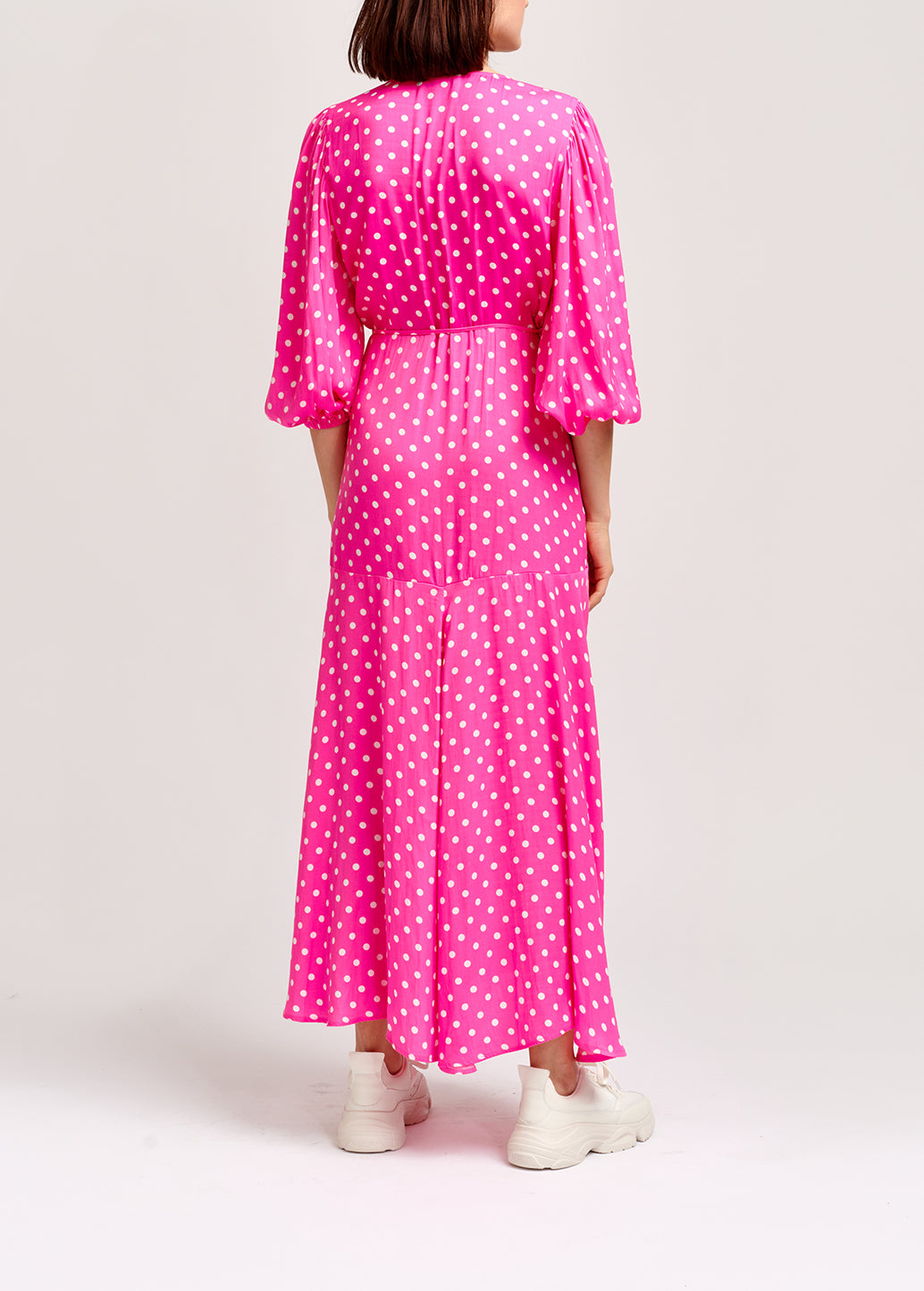 Neon pink polka dot wrap maxi dress RE—SSENTIEL | Essentiel second hand
