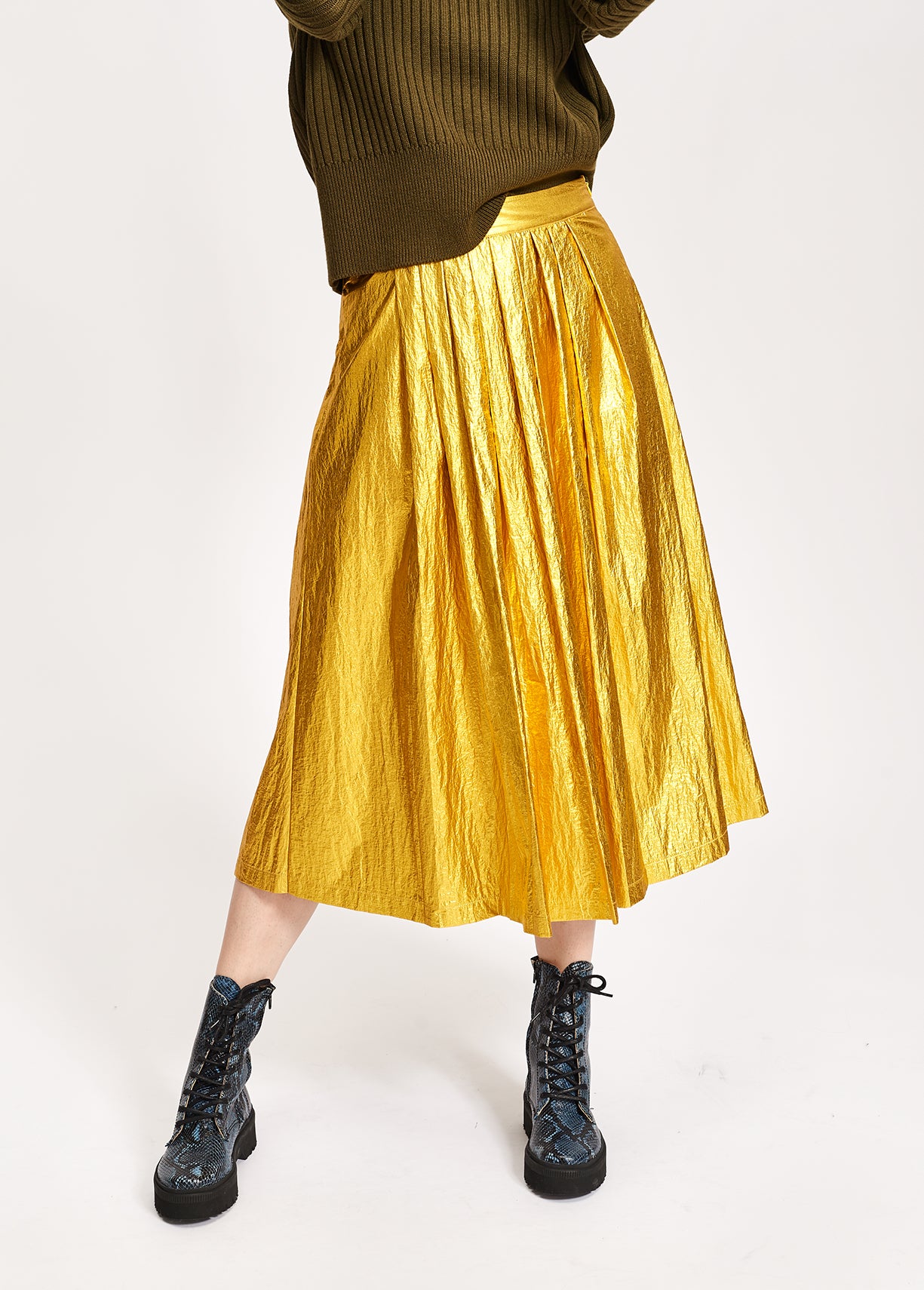Gold metallic foil pleated midi skirt RE—SSENTIEL | Essentiel second hand