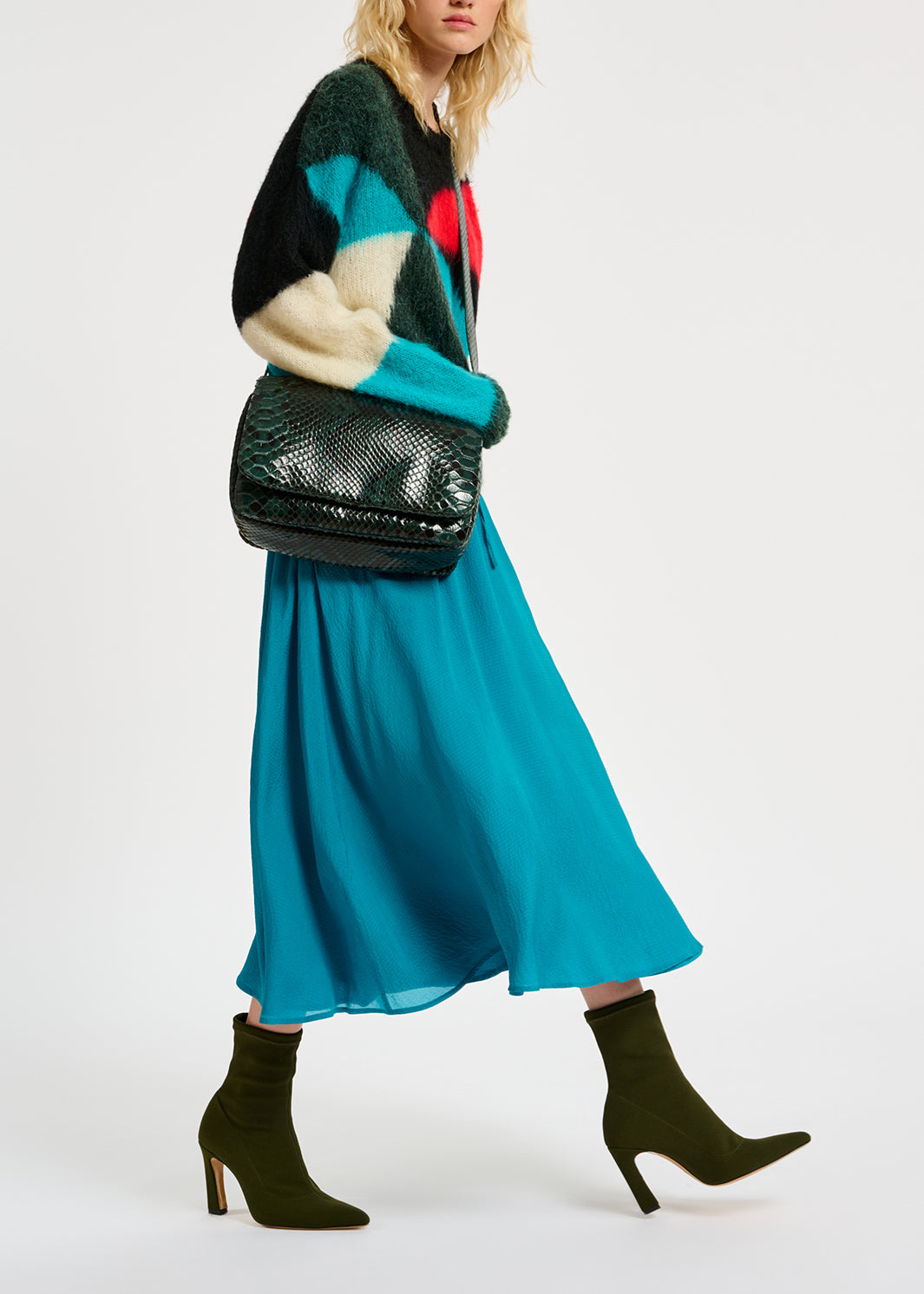 Dark green, blue and red intarsia-knitted sweater RE—SSENTIEL | Essentiel second hand