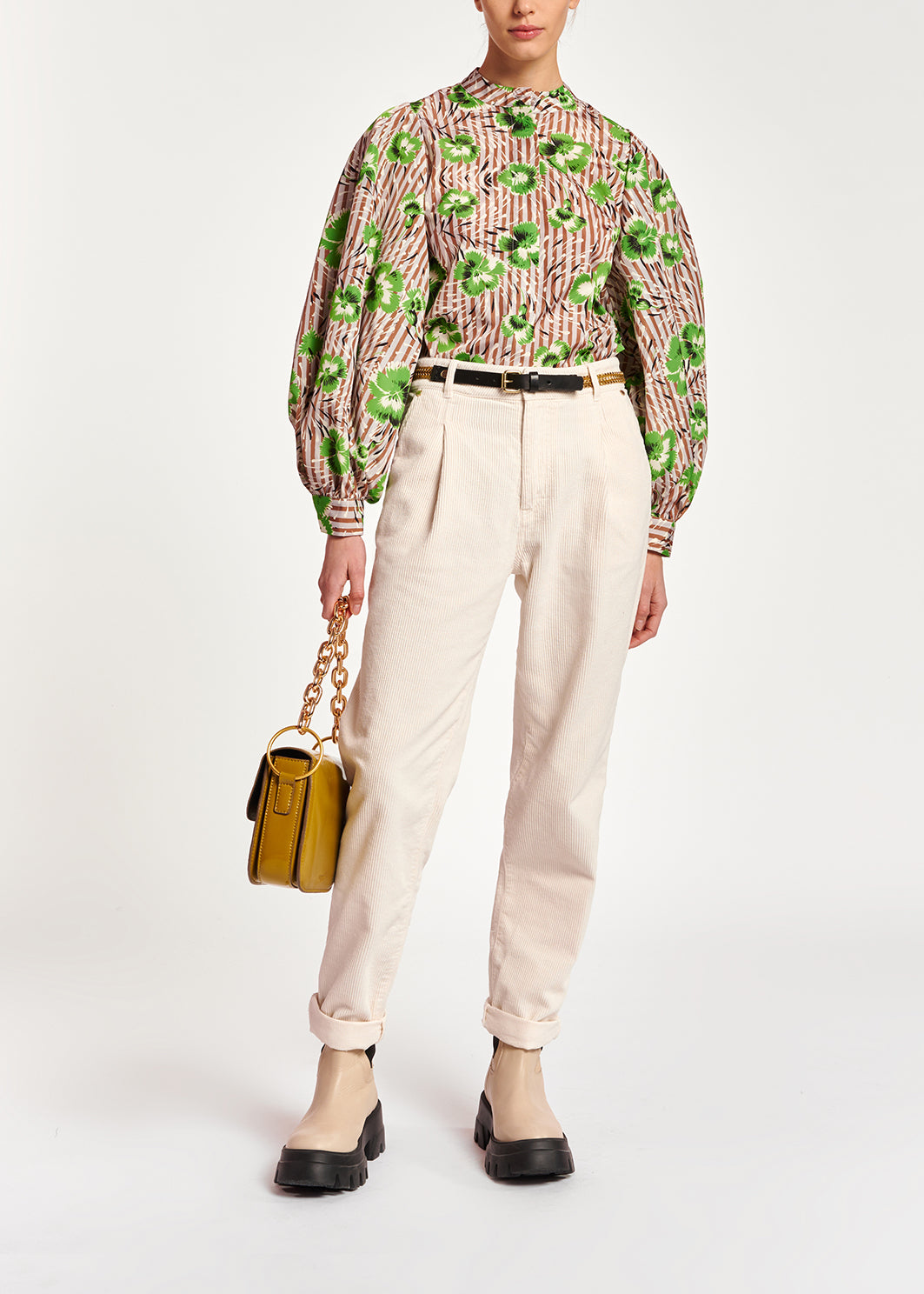 Stripe and green floral print puffed-sleeve top RE—SSENTIEL | Essentiel second hand