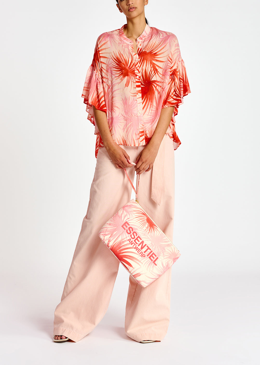 Oranje top met volants en palmbladprint RE—SSENTIEL | Essentiel second hand