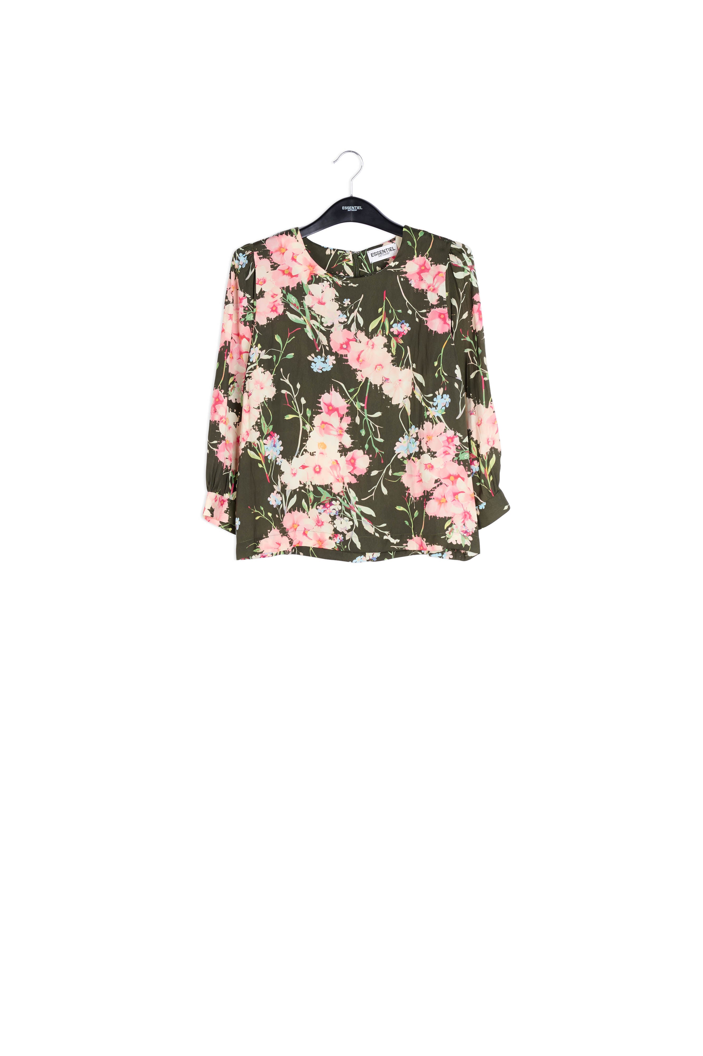 Khaki floral top with puff sleeves RE—SSENTIEL | Essentiel second hand