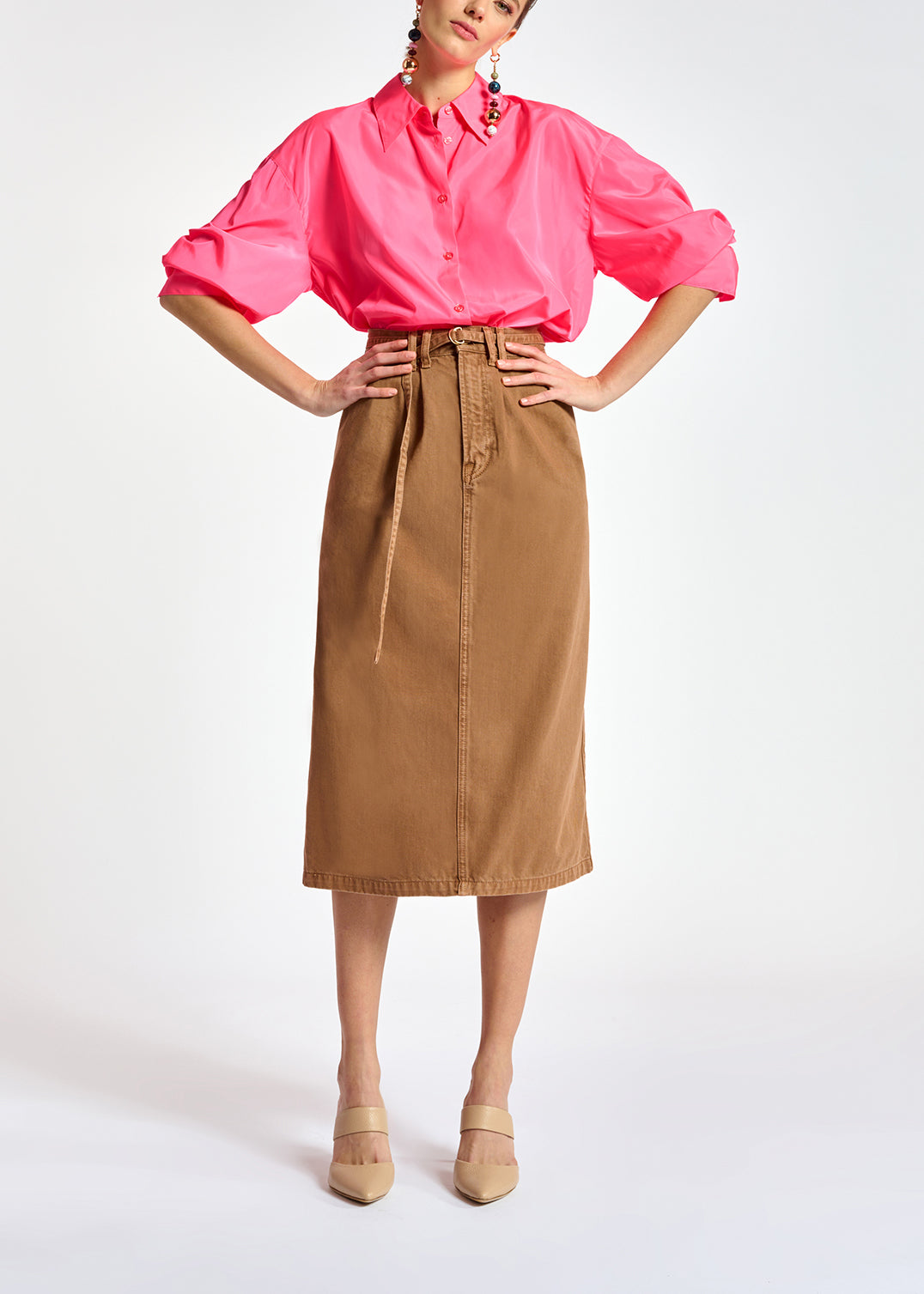 Brown high-waisted denim a-line skirt RE—SSENTIEL | Essentiel second hand