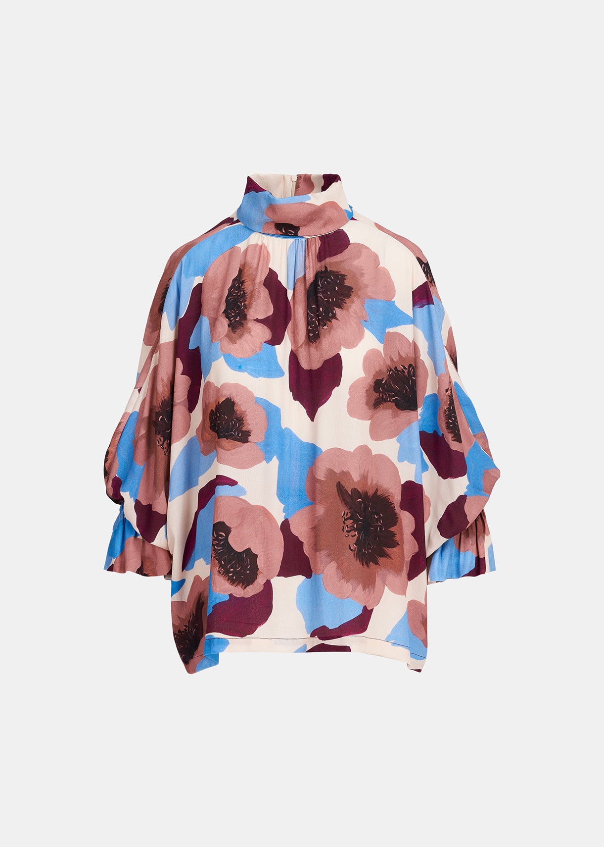 Mauve, burgundy and blue floral print top with stand-up collar RE—SSENTIEL | Essentiel second hand