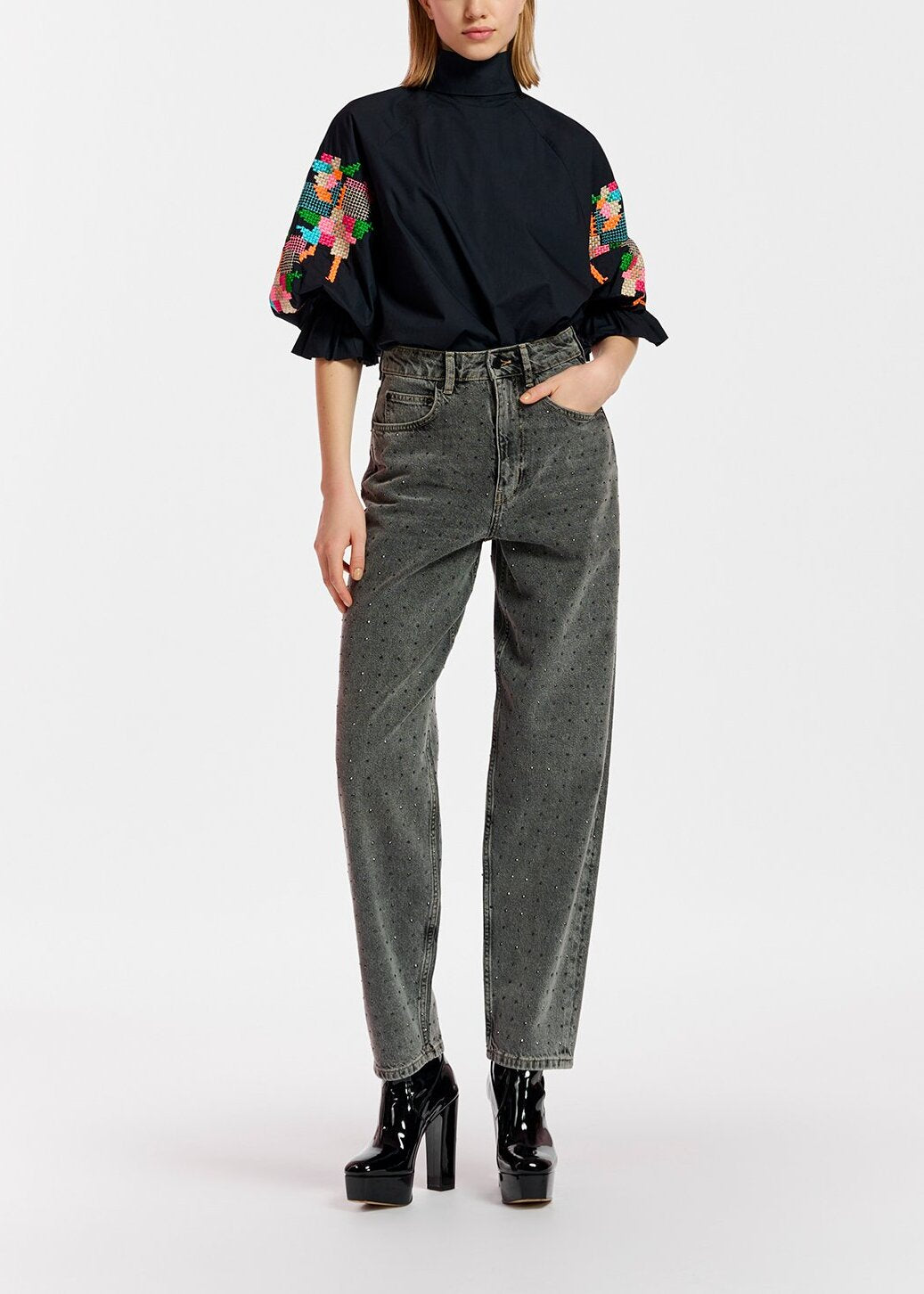 Black cotton top with stand-up collar RE—SSENTIEL | Essentiel second hand